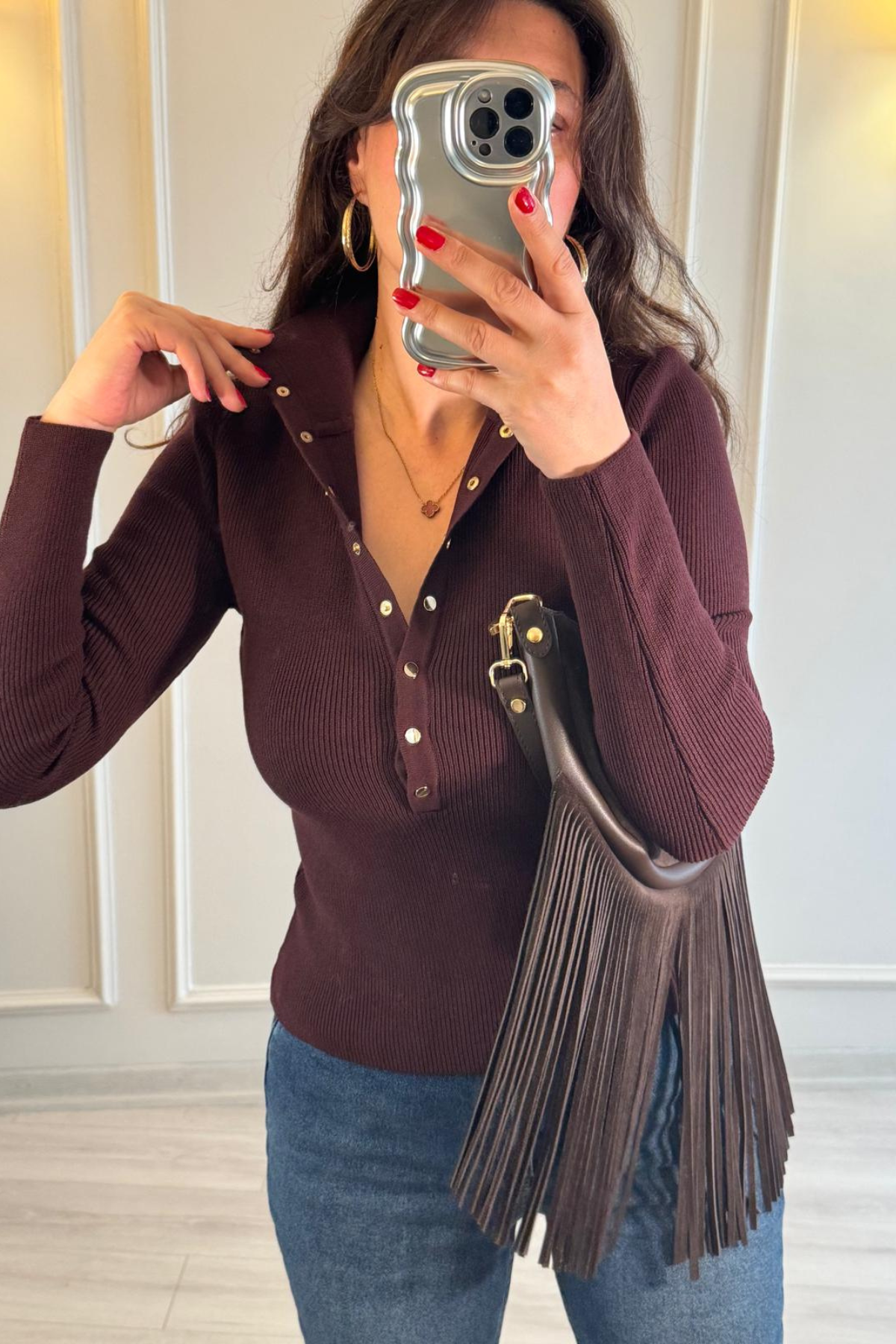 Dilvin Dik Yaka Düğmeli Triko Bluz Mor