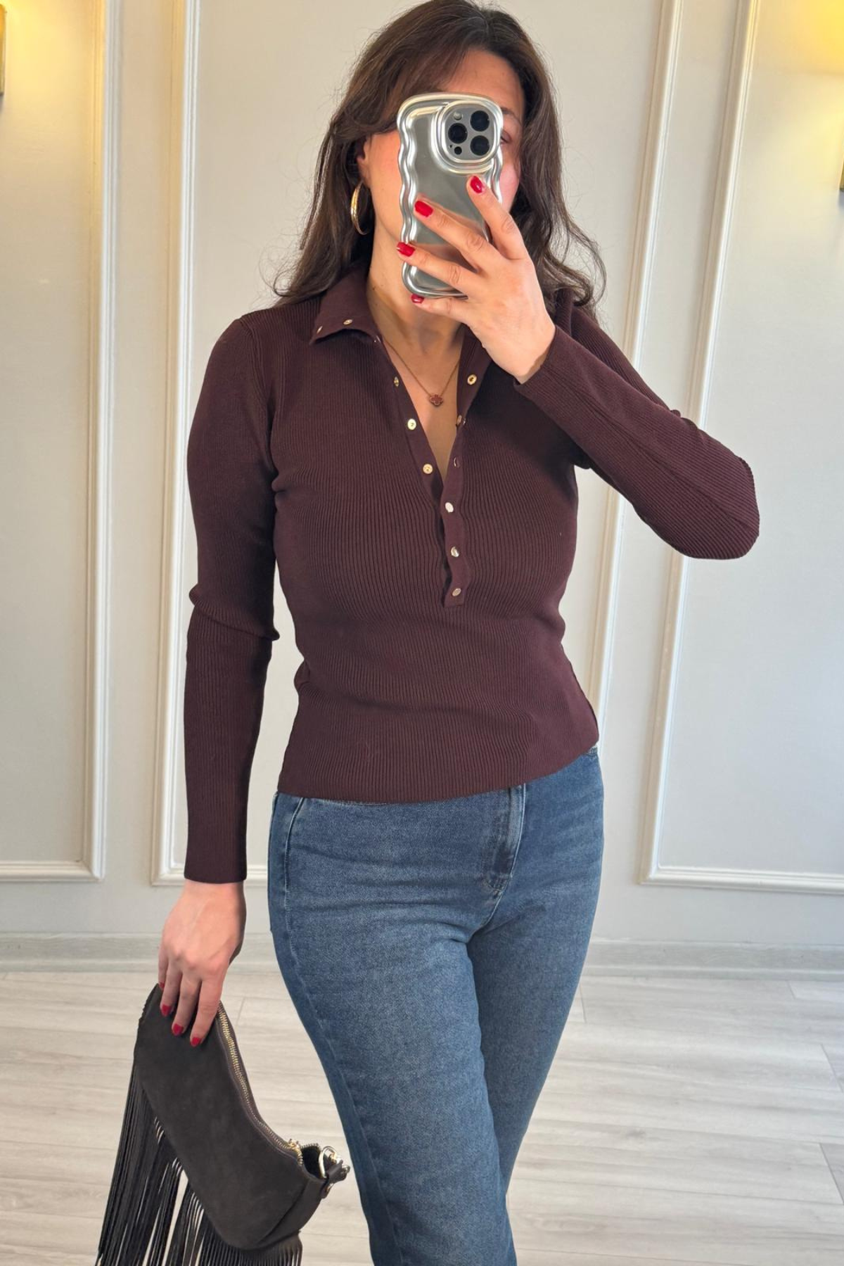 Dilvin Dik Yaka Düğmeli Triko Bluz Mor