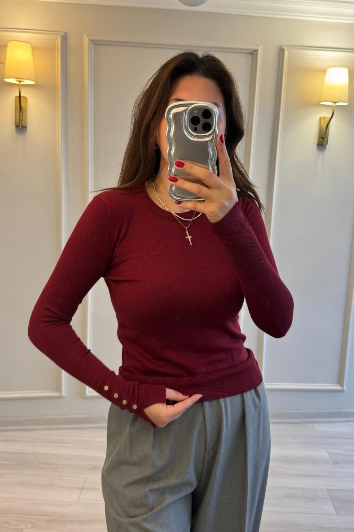 Dilvin Gold Düğmeli İpek Merserize Bluz Bordo