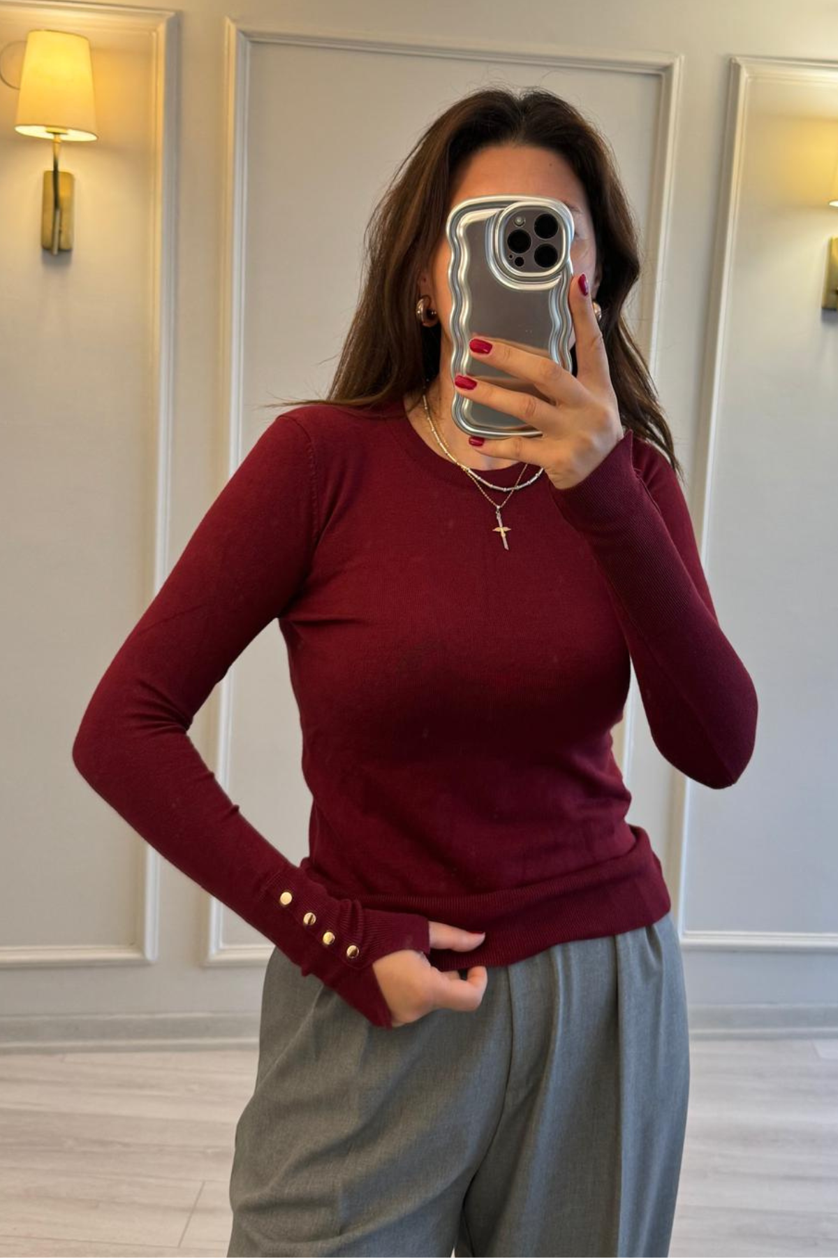 Dilvin Gold Düğmeli İpek Merserize Bluz Bordo