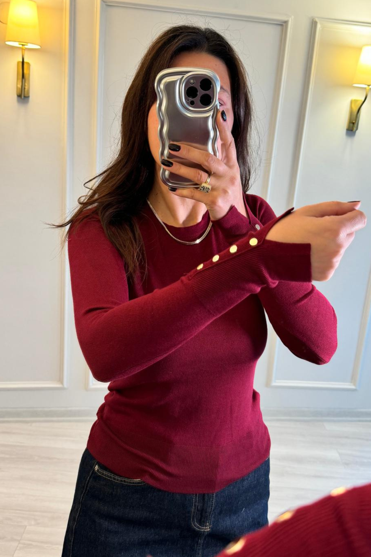 Dilvin Kolu Droplu İpek Merserize Bluz Bordo