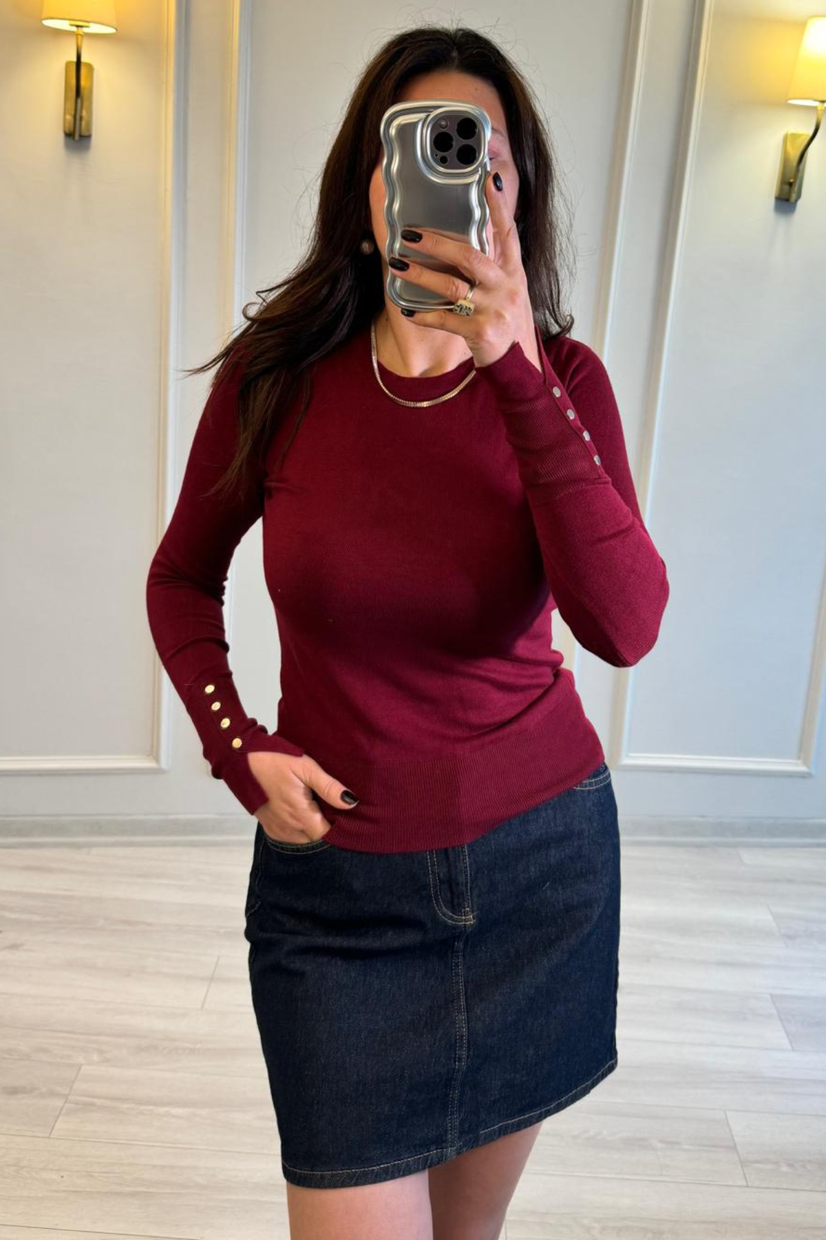 Dilvin Kolu Droplu İpek Merserize Bluz Bordo