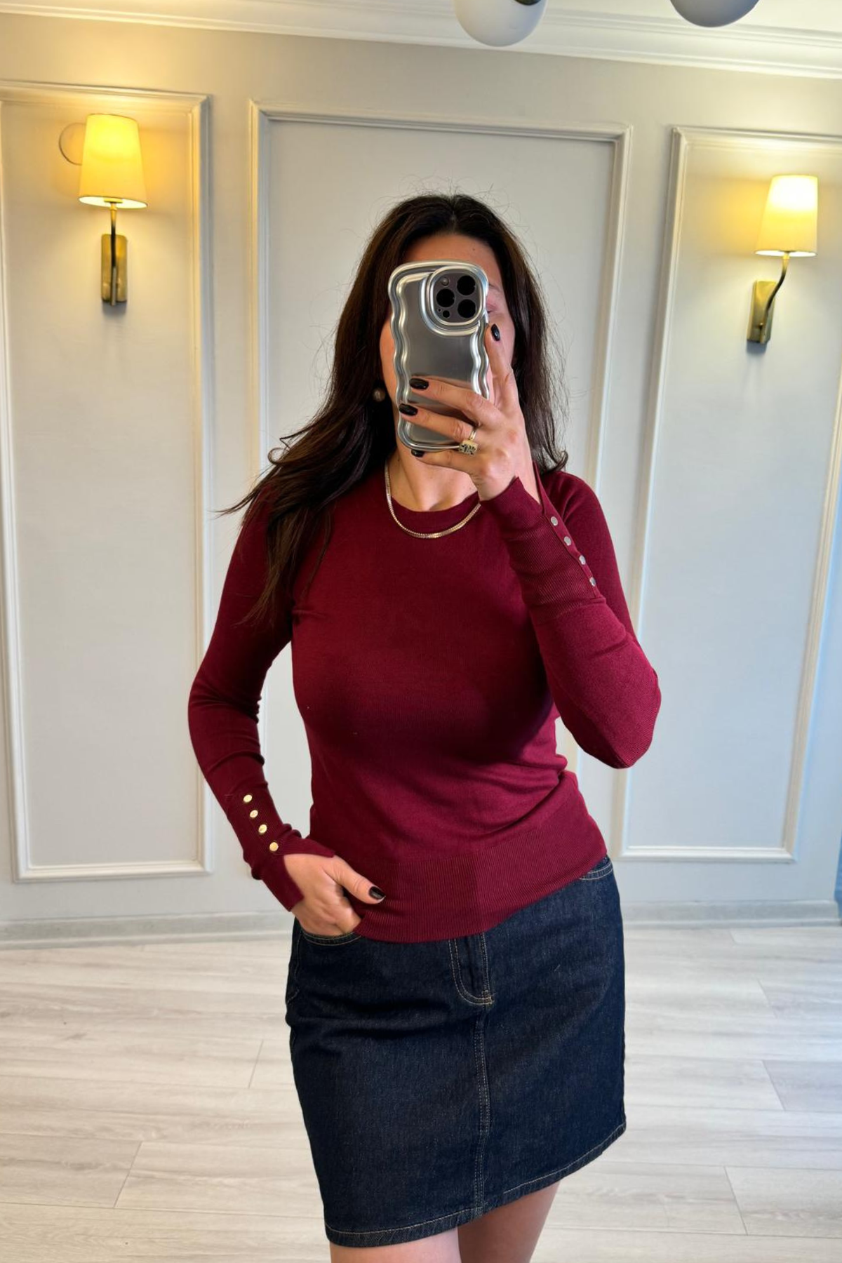 Dilvin Kolu Droplu İpek Merserize Bluz Bordo