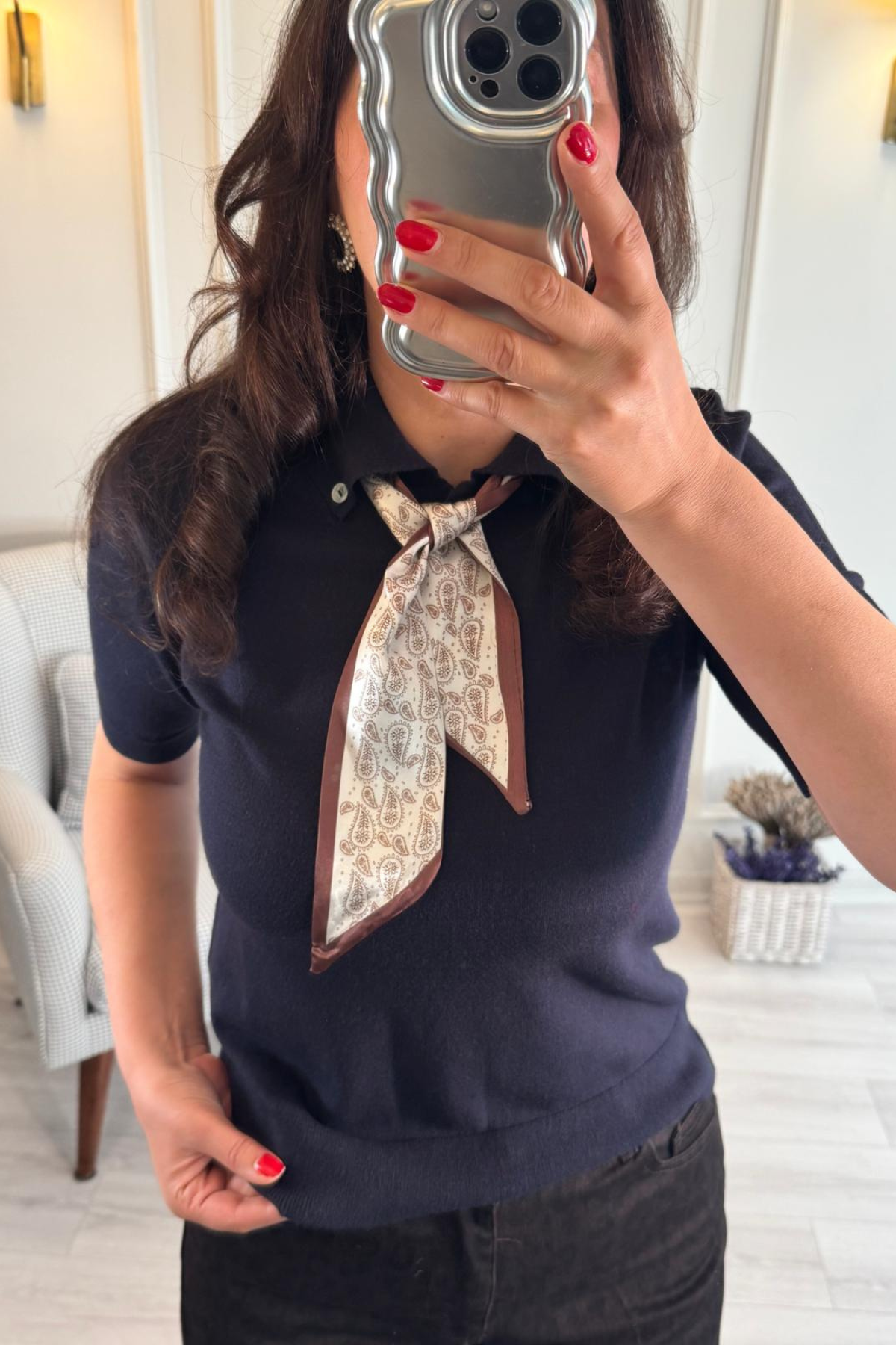 Fularlı Polo Yaka Triko Bluz Lacivert