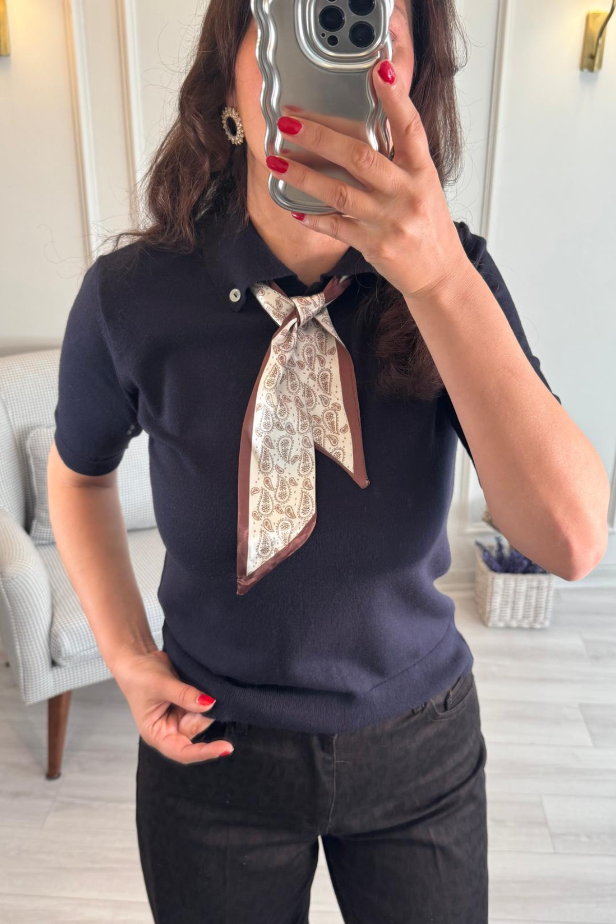 Fularlı Polo Yaka Triko Bluz Lacivert