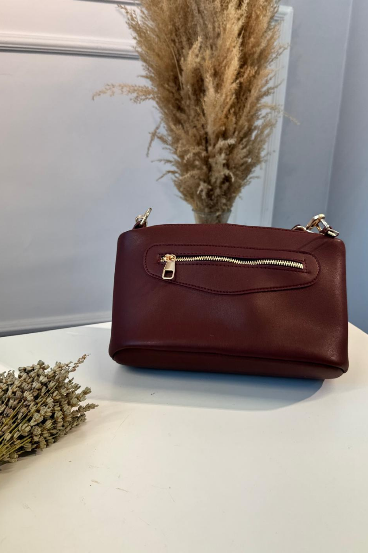 Gerçek Deri 3 Fermuarlı El ve Omuz Çantası Bordo