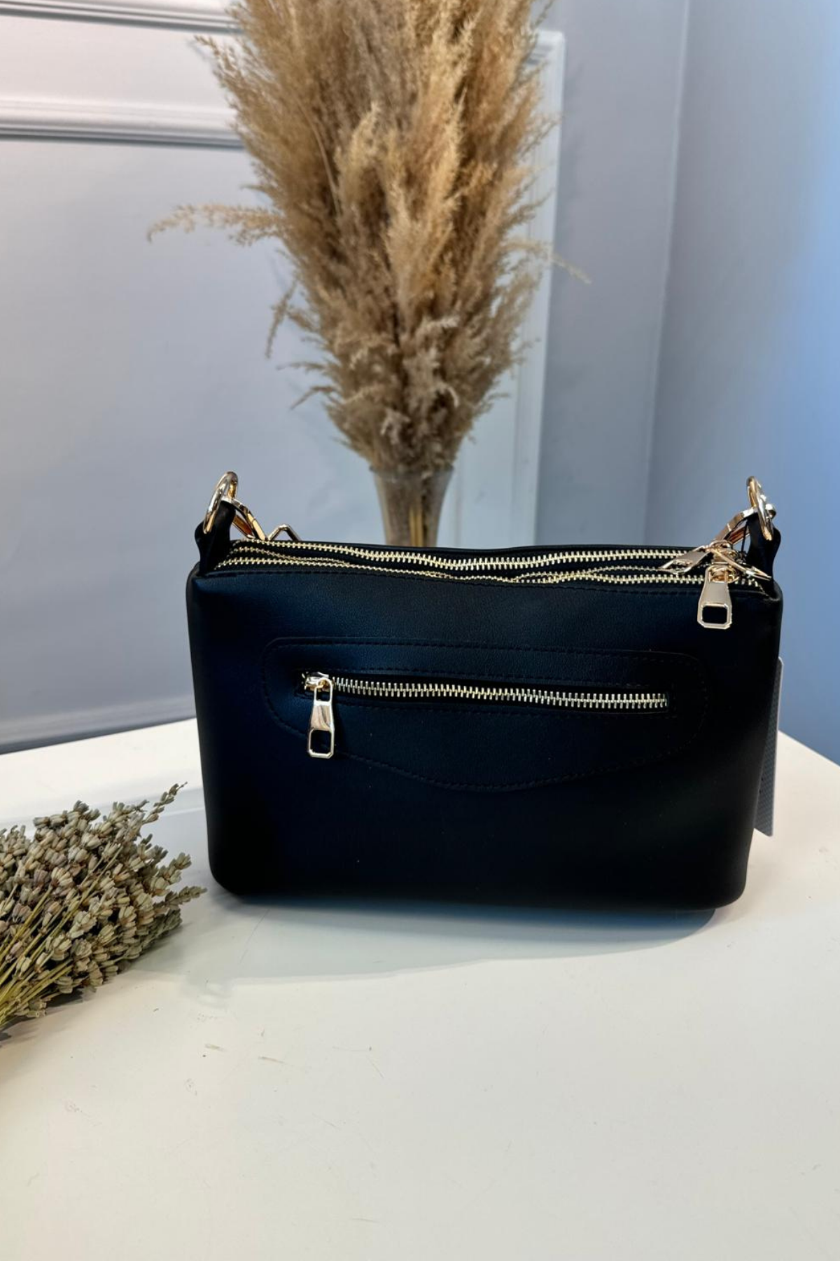 Gerçek Deri 3 Fermuarlı El ve Omuz Çantası Siyah