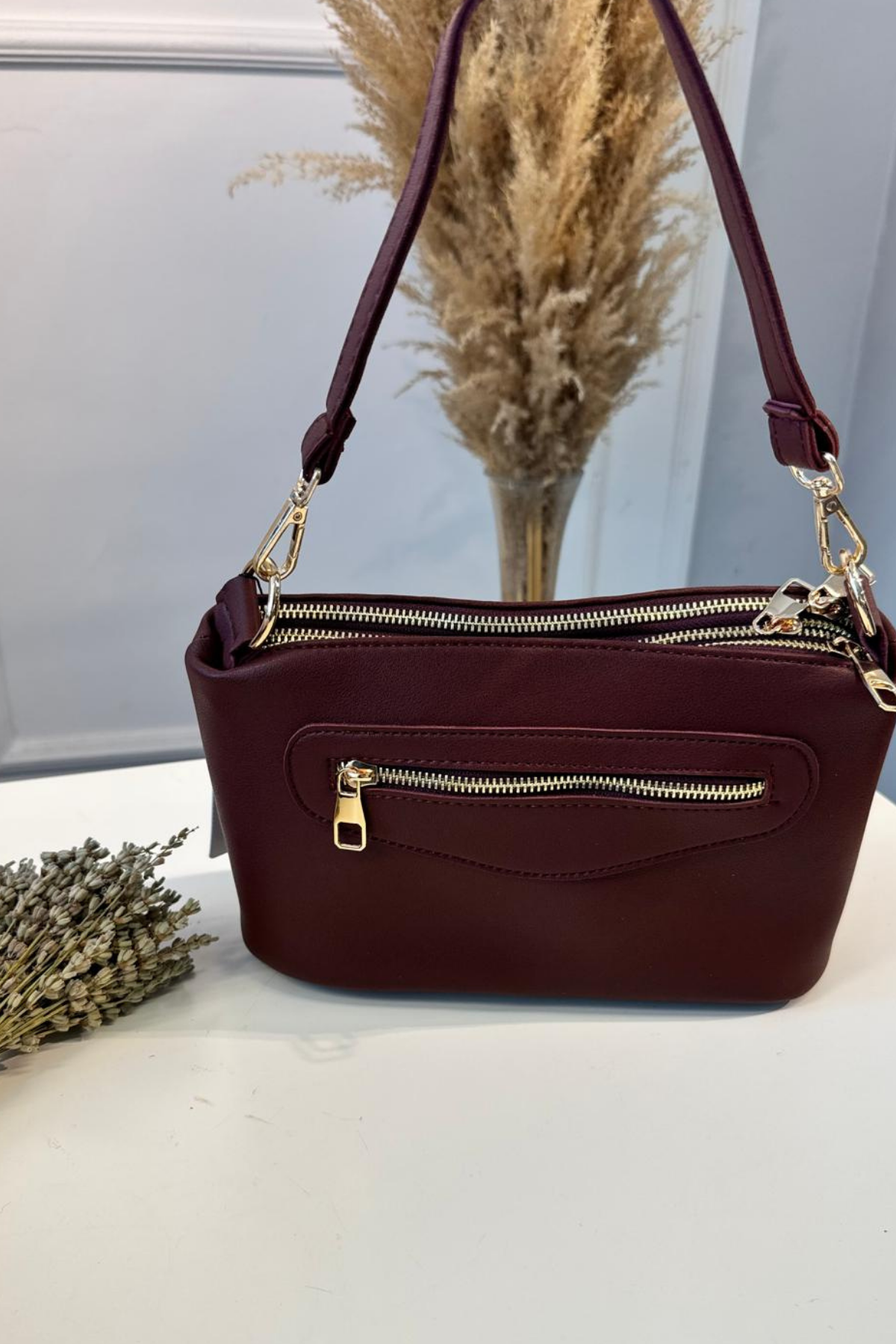 Gerçek Deri 3 Fermuarlı El ve Omuz Çantası Bordo