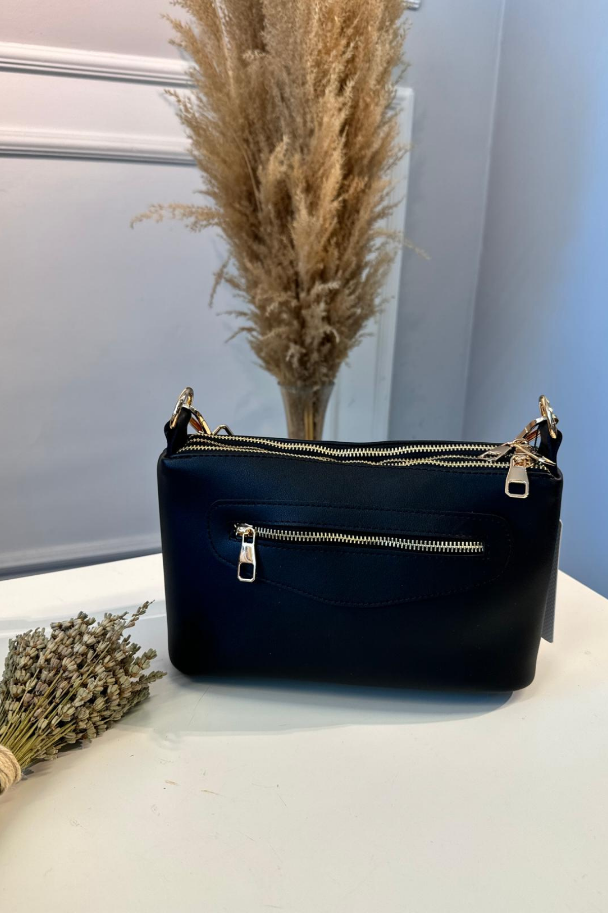 Gerçek Deri 3 Fermuarlı El ve Omuz Çantası Siyah