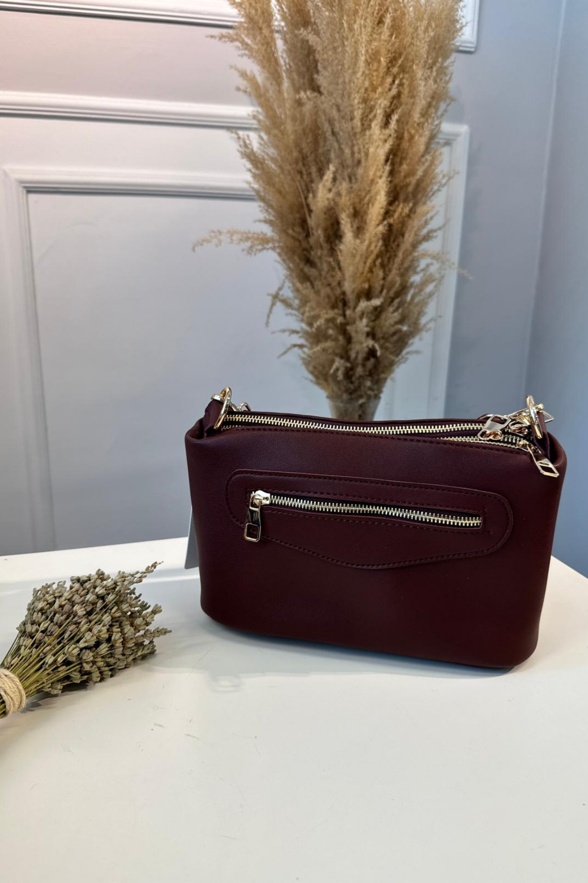 Gerçek Deri 3 Fermuarlı El ve Omuz Çantası Bordo