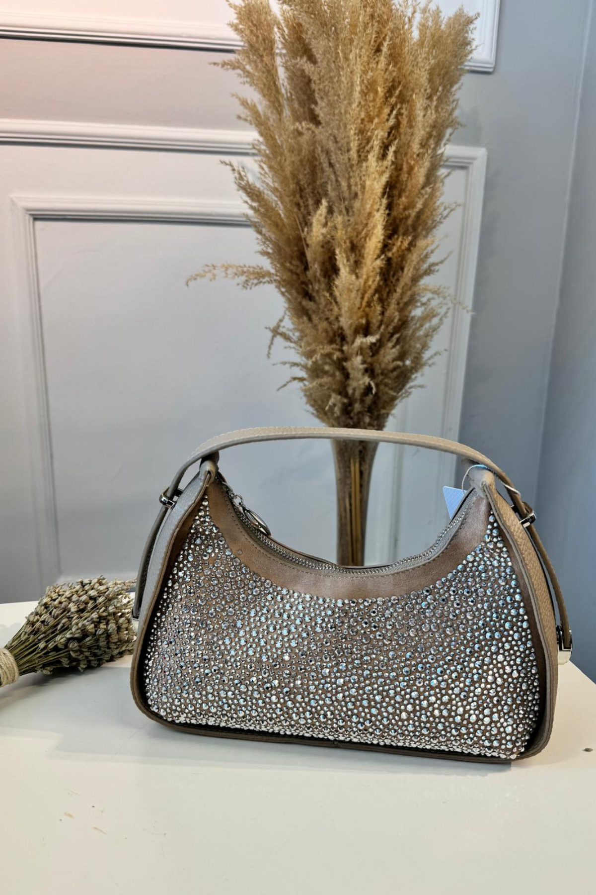 Gerçek Deri Serpme Taşlı El Çantası Bej