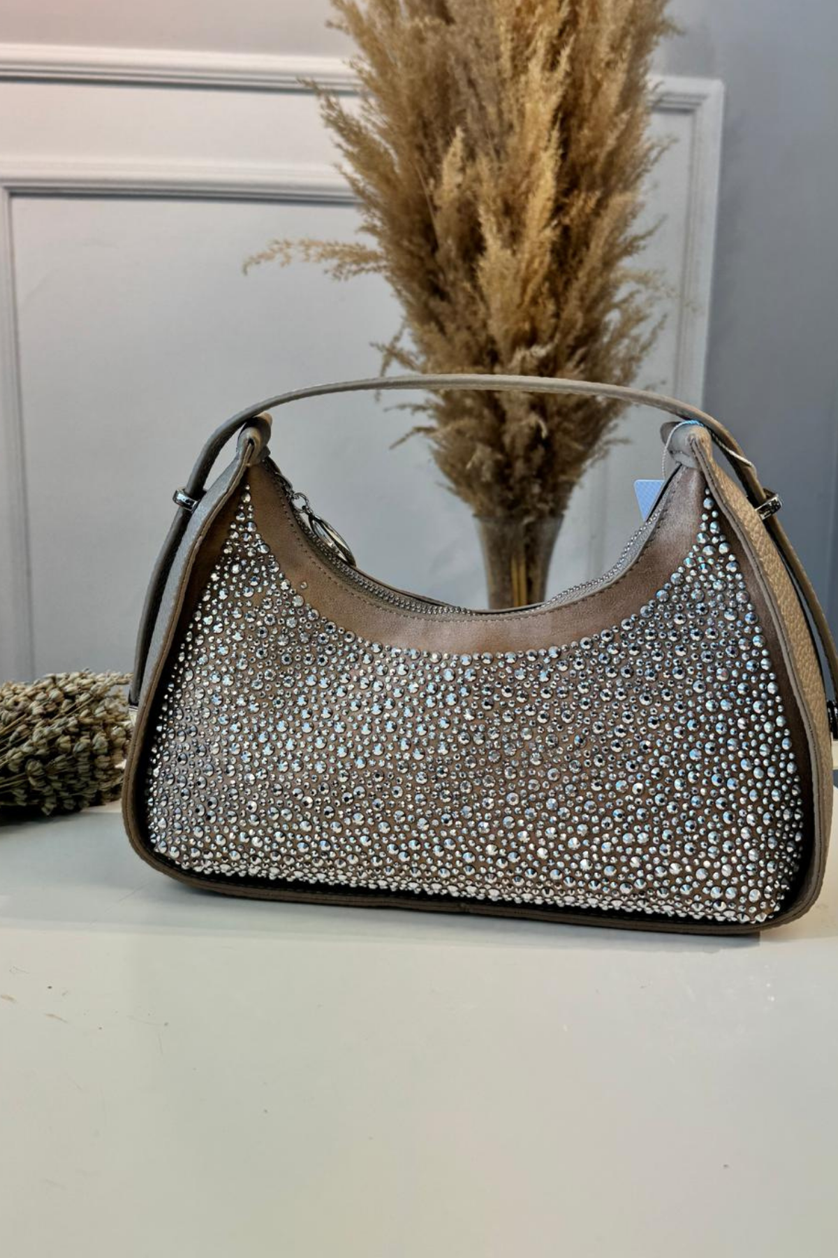 Gerçek Deri Serpme Taşlı El Çantası Bej