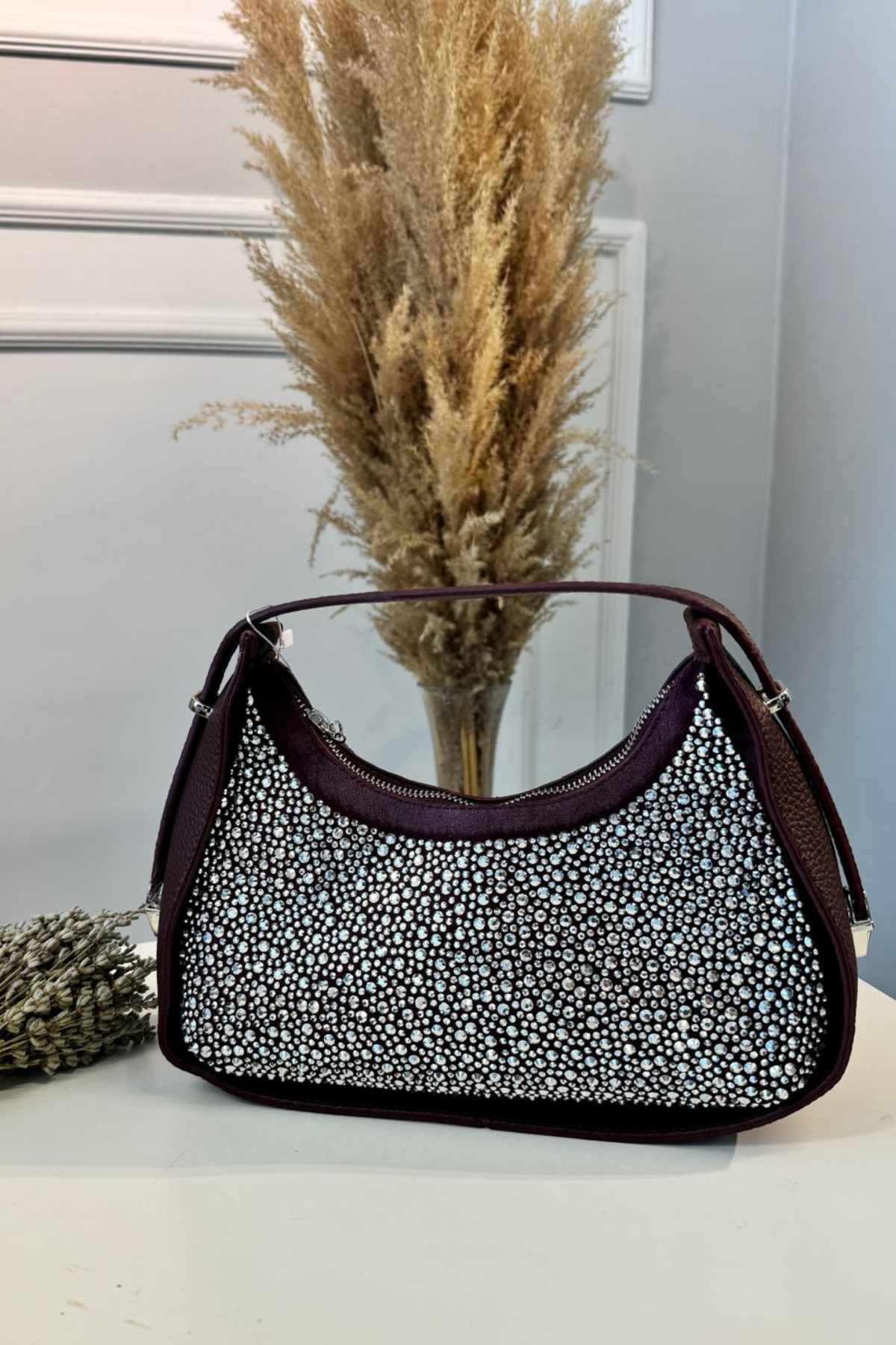 Gerçek Deri Serpme Taşlı El Çantası Bordo