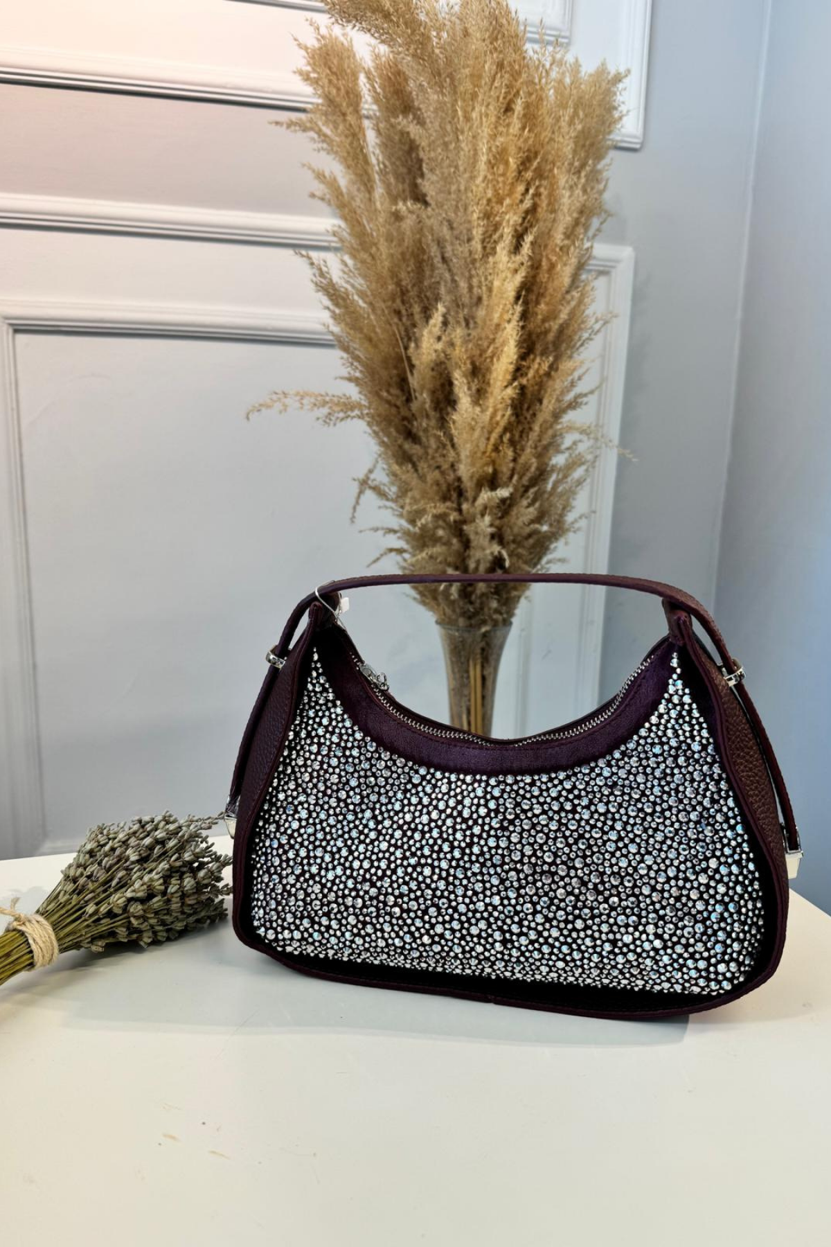 Gerçek Deri Serpme Taşlı El Çantası Bordo