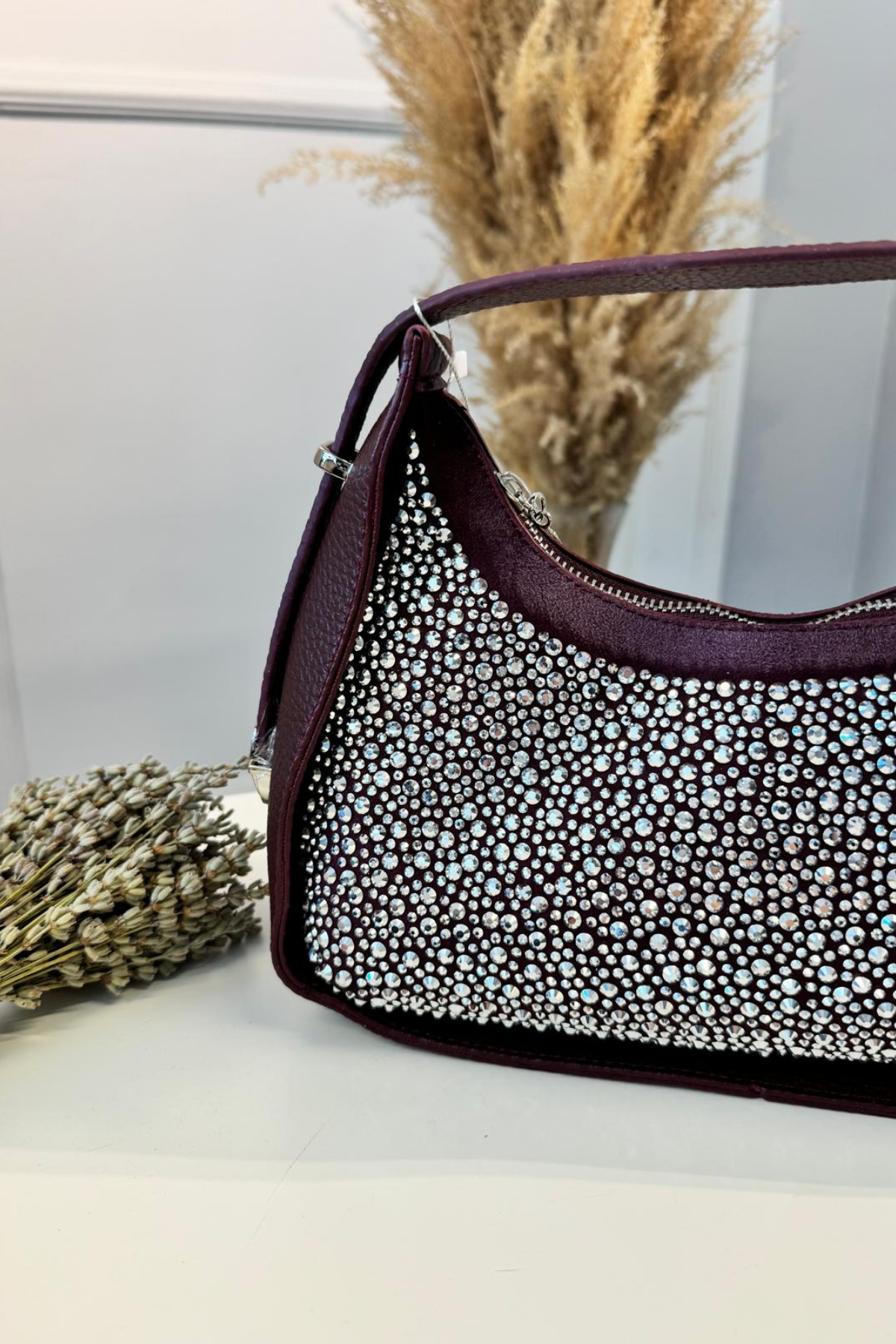 Gerçek Deri Serpme Taşlı El Çantası Bordo