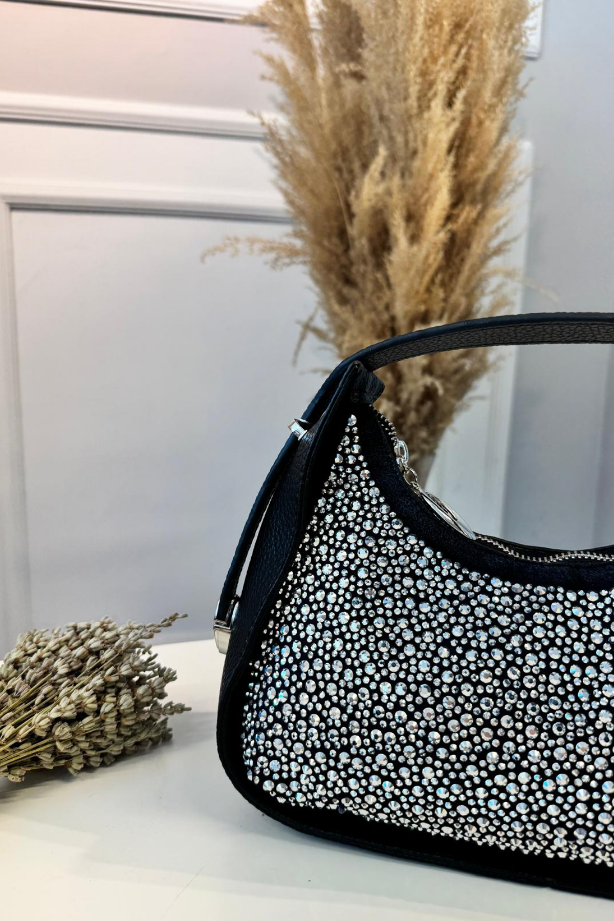 Gerçek Deri Serpme Taşlı El Çantası Siyah