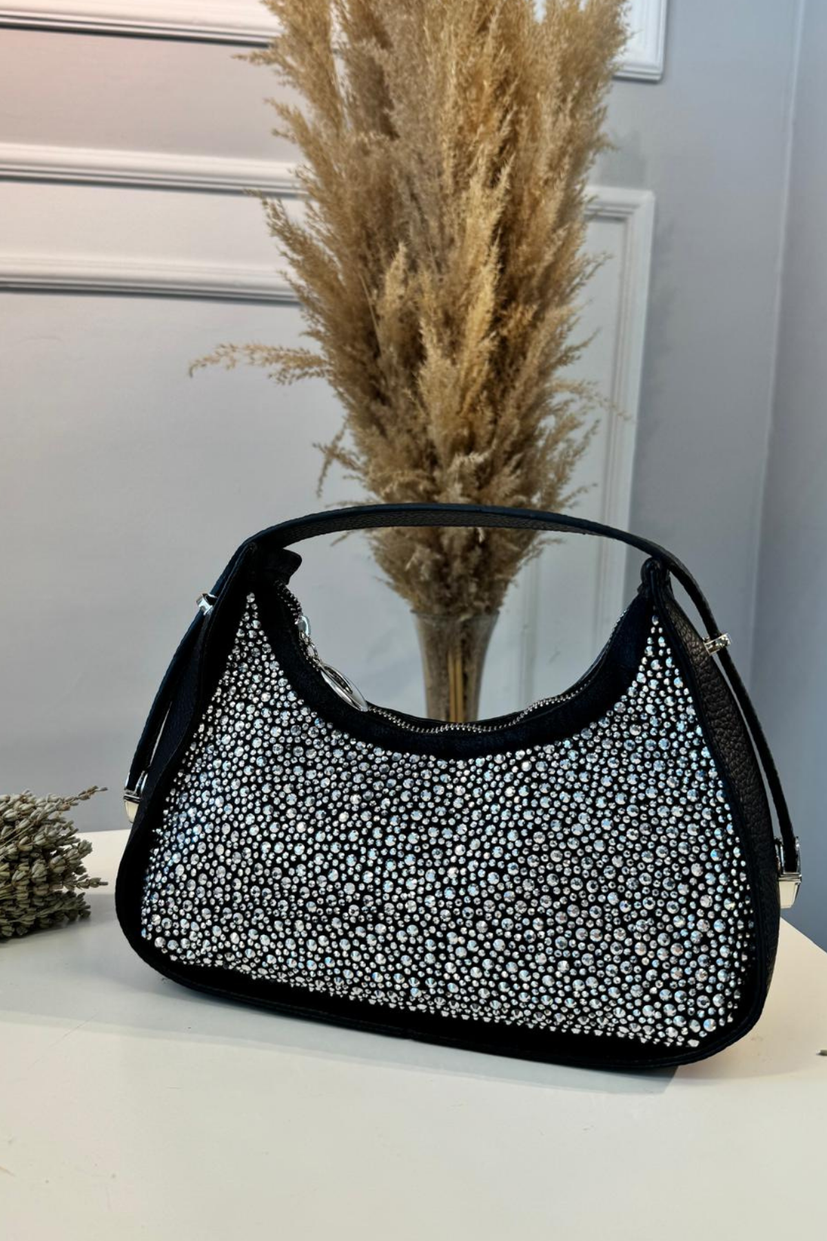 Gerçek Deri Serpme Taşlı El Çantası Siyah