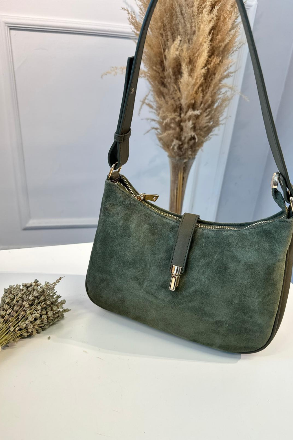 Gerçek Deri Toka Detaylı Omuz Çantası Haki Yeşil