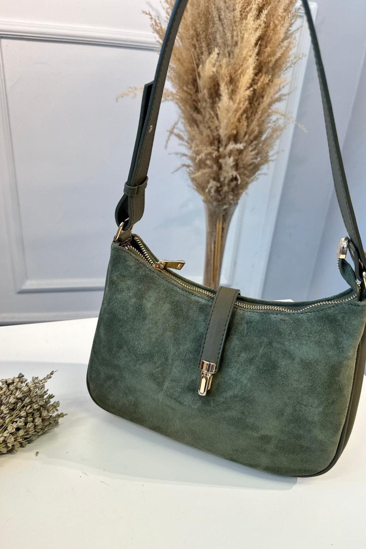 Gerçek Deri Toka Detaylı Omuz Çantası Haki Yeşil