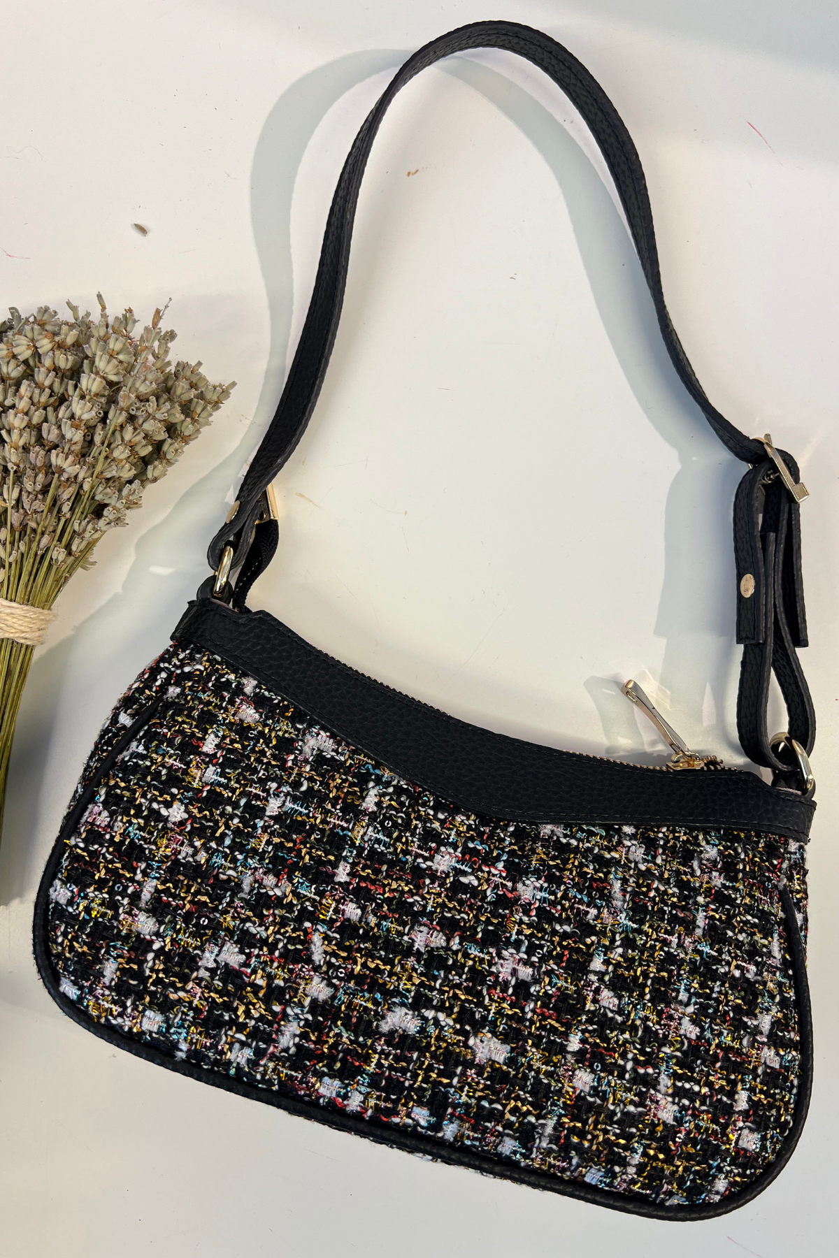 Gerçek Deri Tüvit Baget Çanta Siyah Desenli