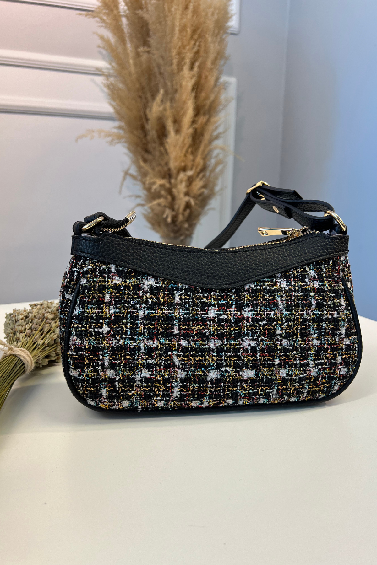 Gerçek Deri Tüvit Baget Çanta Siyah Desenli