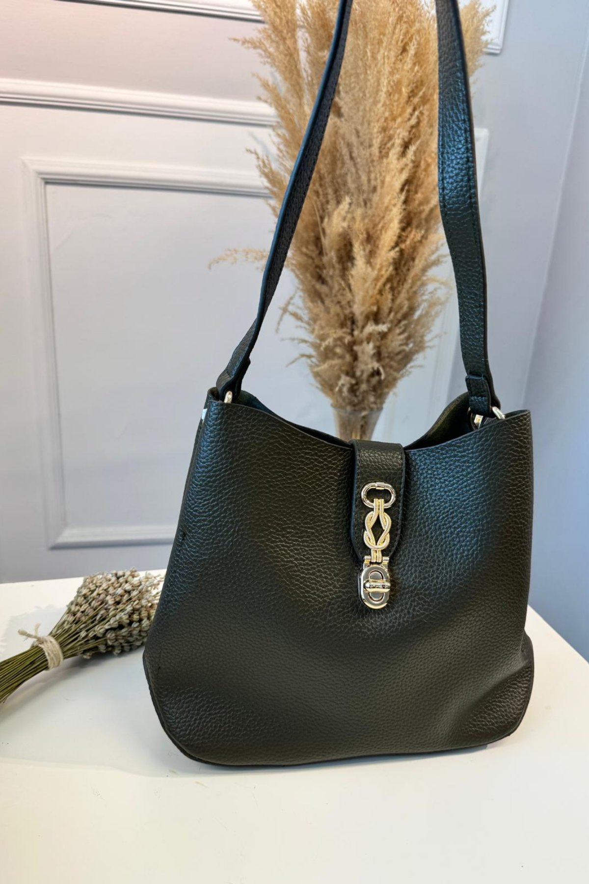 Gerçek Deri Yavru Çantalı Kilit Detaylı Çanta Haki Yeşil