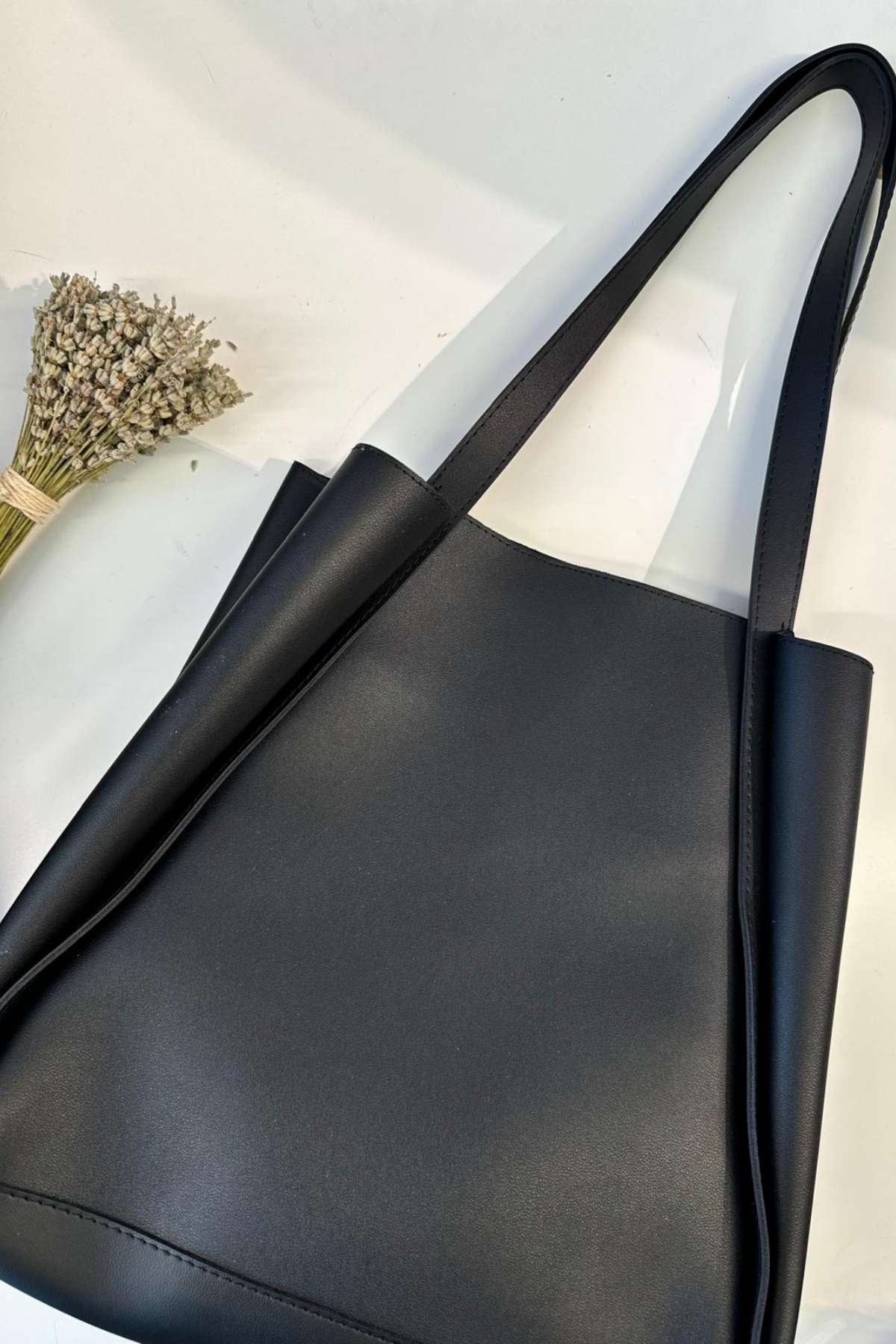 Gerçek Deri Yavru Çantalı Shopper Çanta Siyah