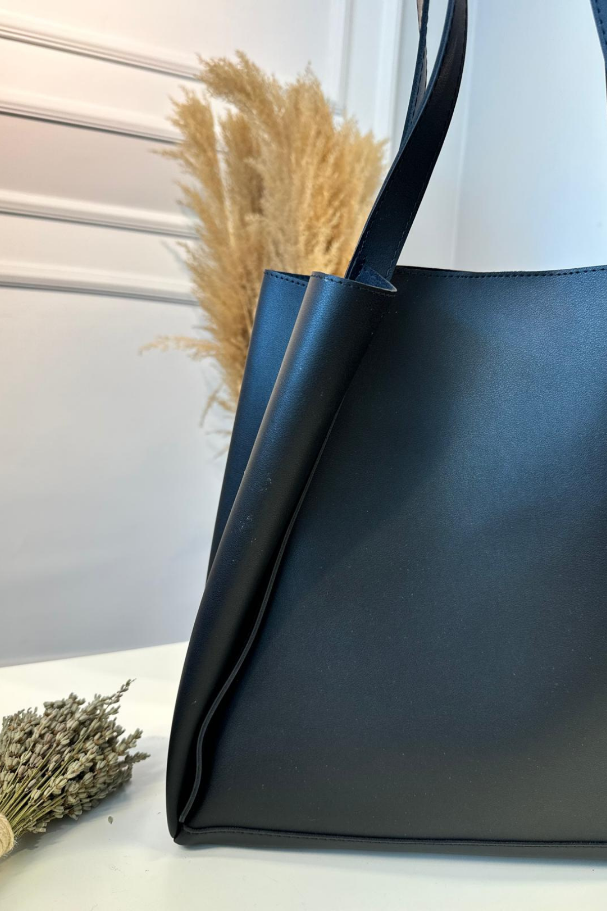 Gerçek Deri Yavru Çantalı Shopper Çanta Siyah