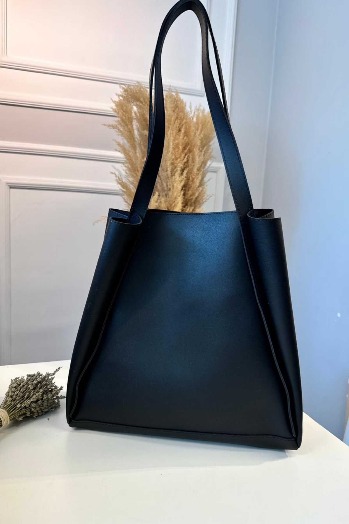 Gerçek Deri Yavru Çantalı Shopper Çanta Siyah