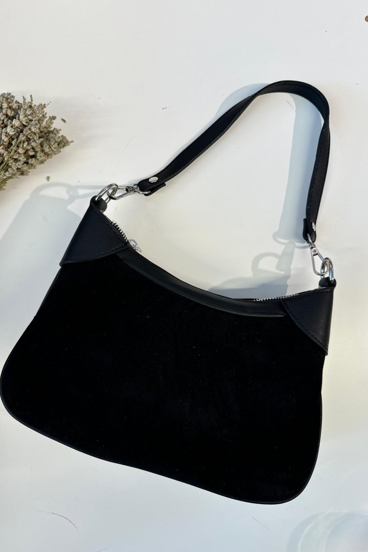 Gerçek Süet Deri Omuz Çantası Siyah