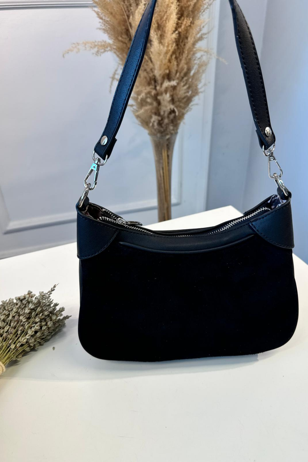 Gerçek Süet Deri Omuz Çantası Siyah