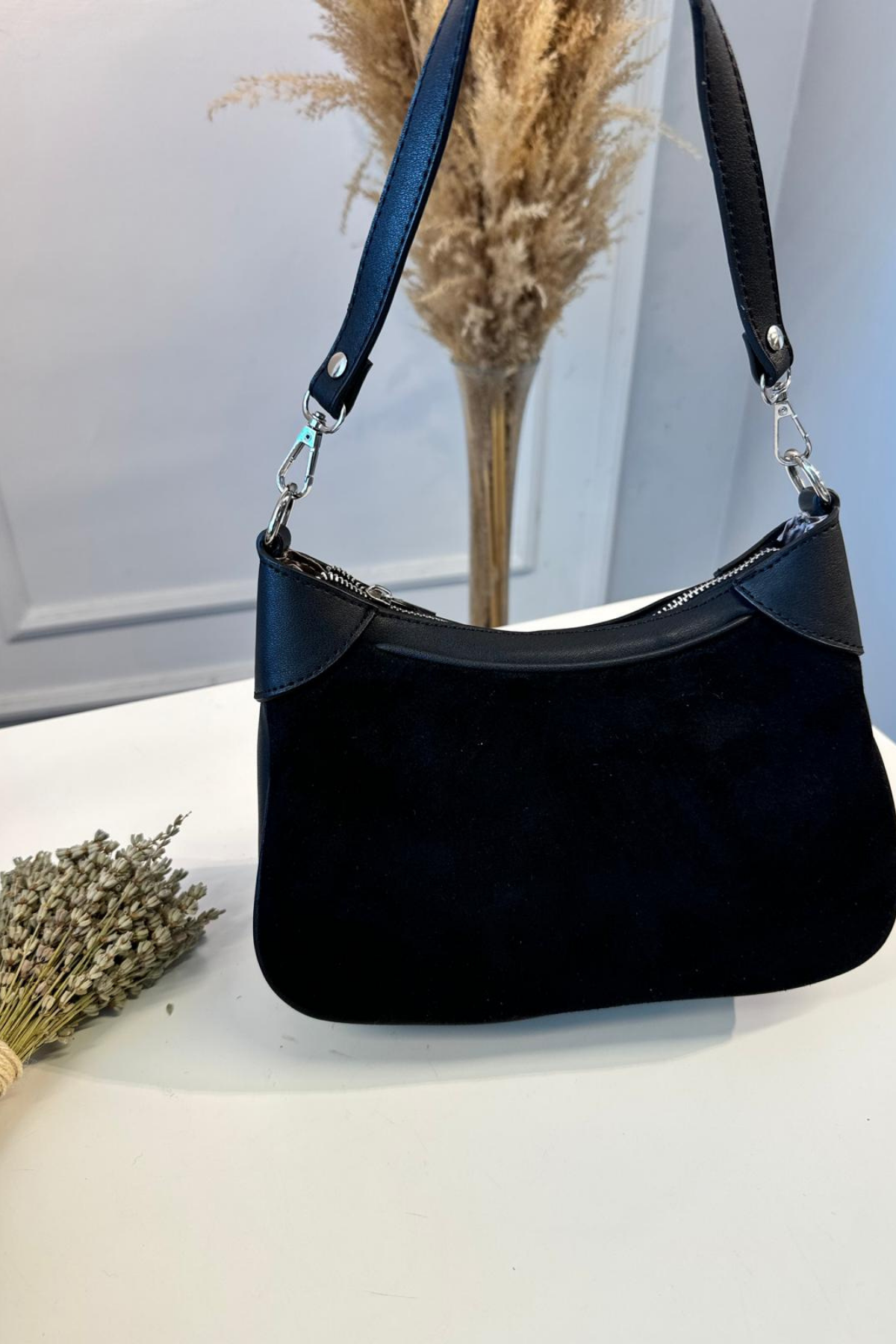 Gerçek Süet Deri Omuz Çantası Siyah