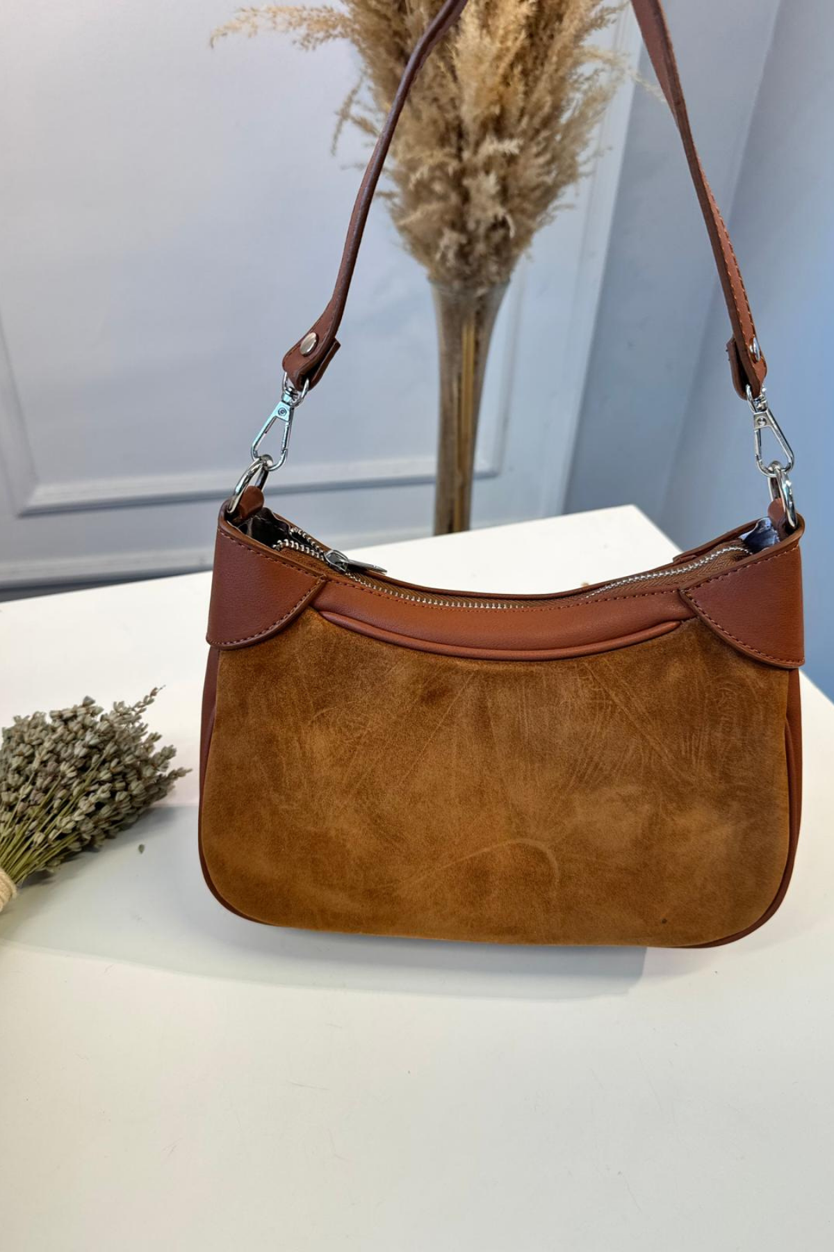 Gerçek Süet Deri Omuz Çantası Taba