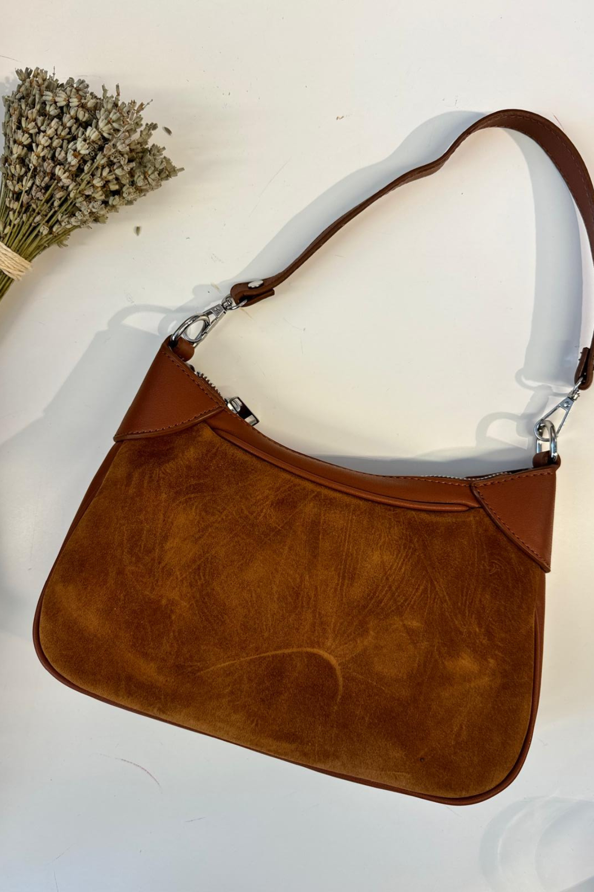 Gerçek Süet Deri Omuz Çantası Taba