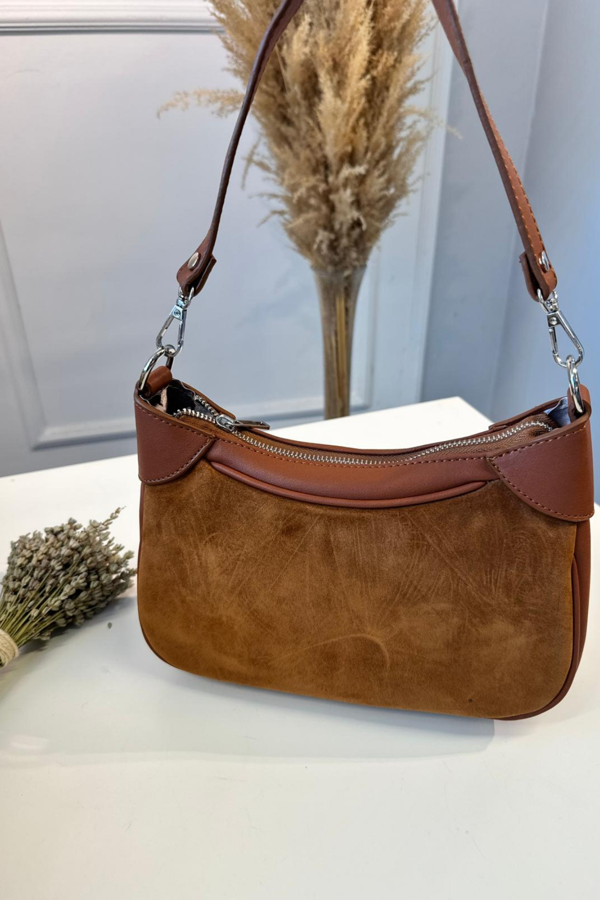 Gerçek Süet Deri Omuz Çantası Taba