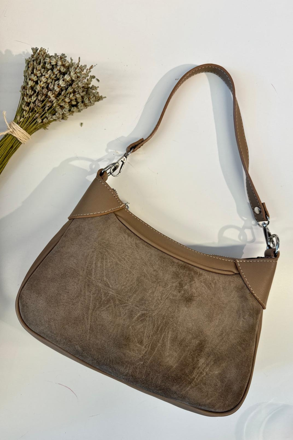 Gerçek Süet Deri Omuz Çantası Vizon