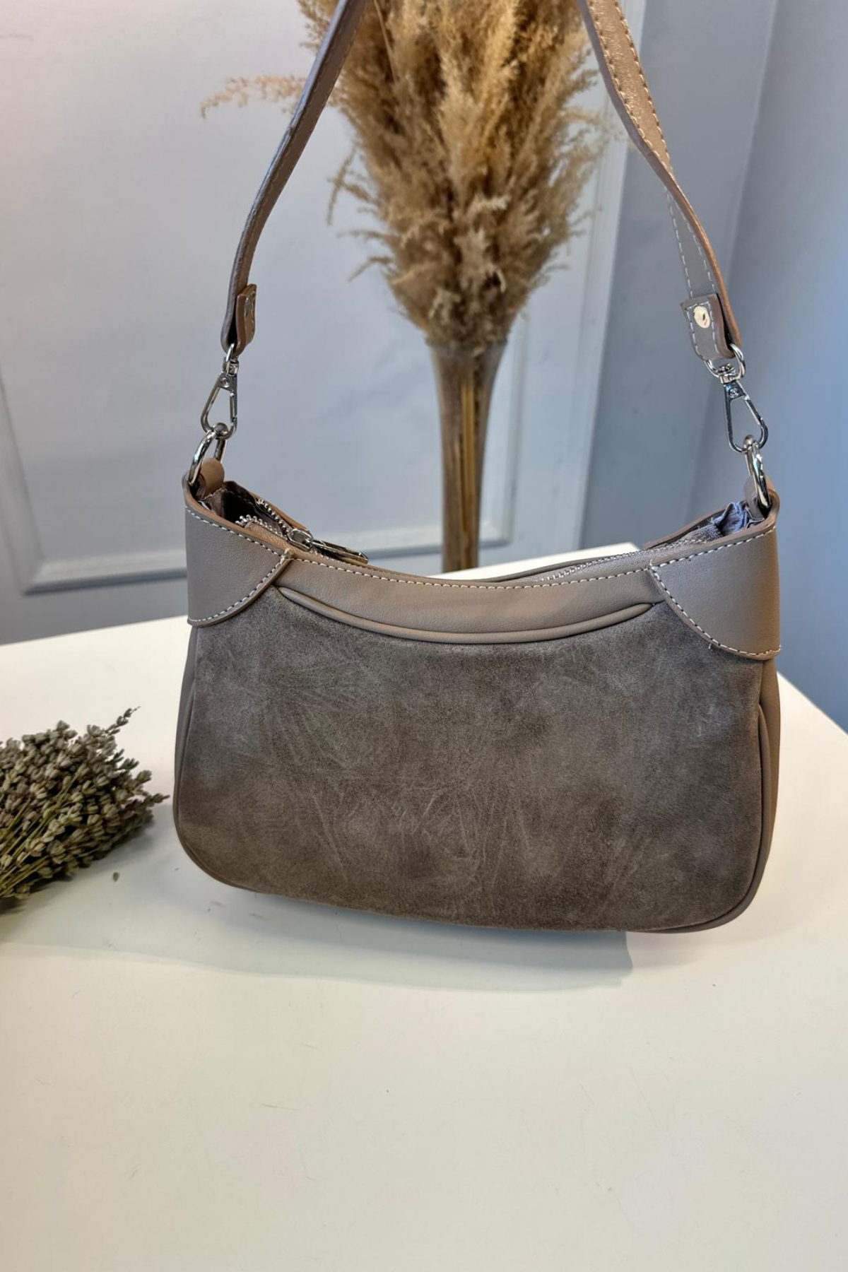 Gerçek Süet Deri Omuz Çantası Vizon