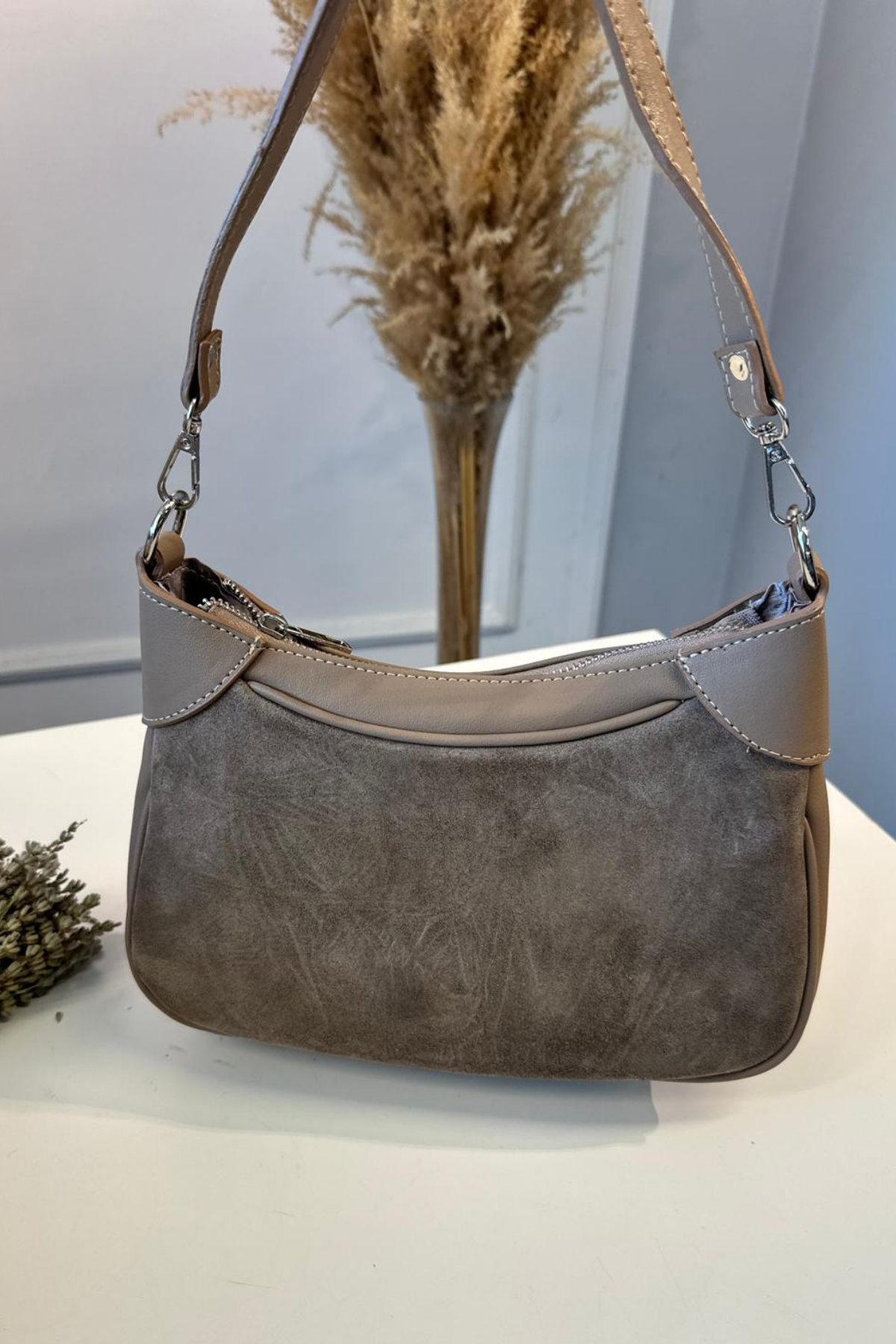 Gerçek Süet Deri Omuz Çantası Vizon