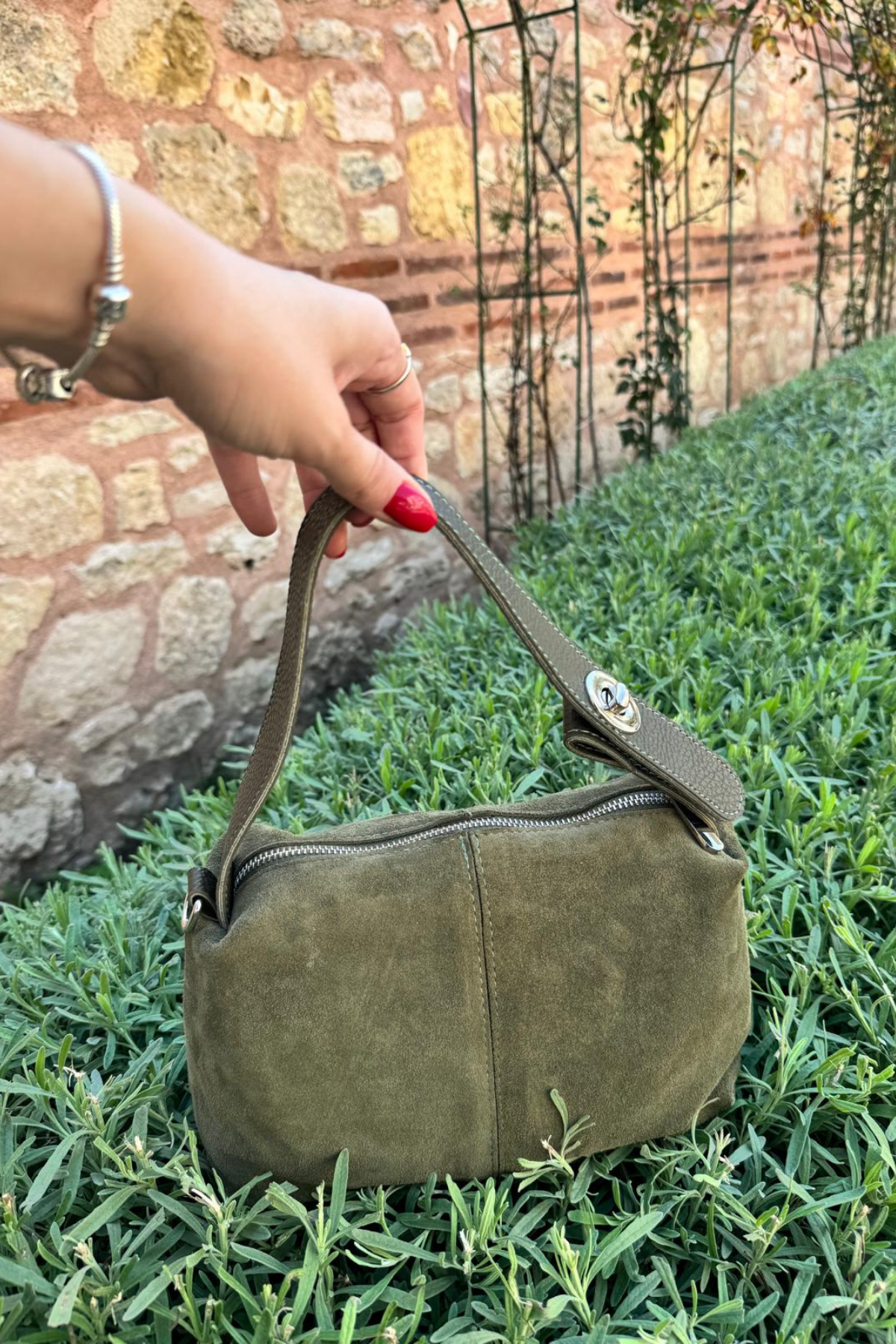 Gerçek Süet Deri Postacı Model Çanta Haki Yeşil