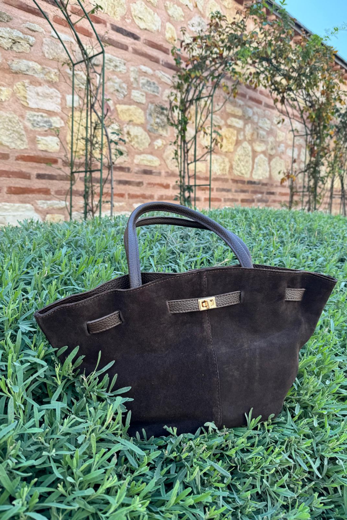 Gerçek Süet Deri Toka Detaylı Maxi Çanta Acı Kahve