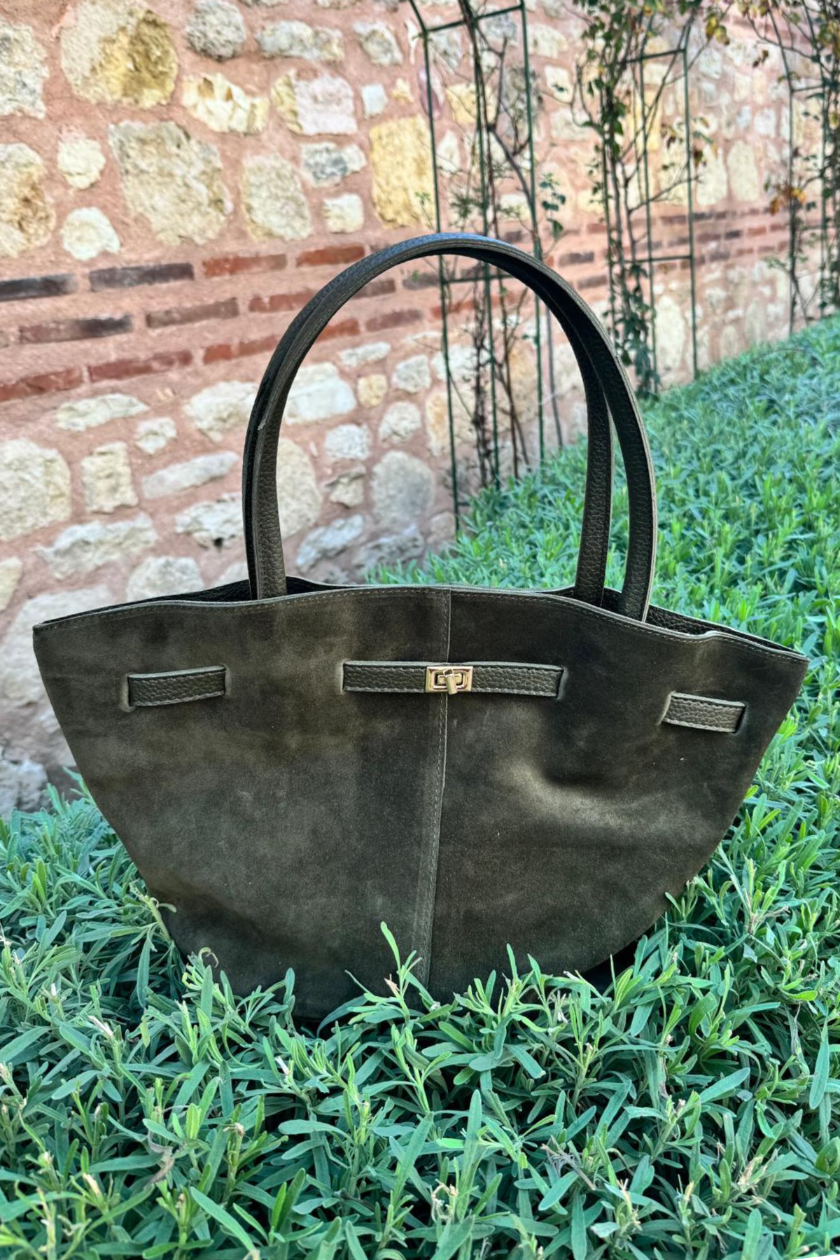 Gerçek Süet Deri Toka Detaylı Maxi Çanta Haki Yeşil