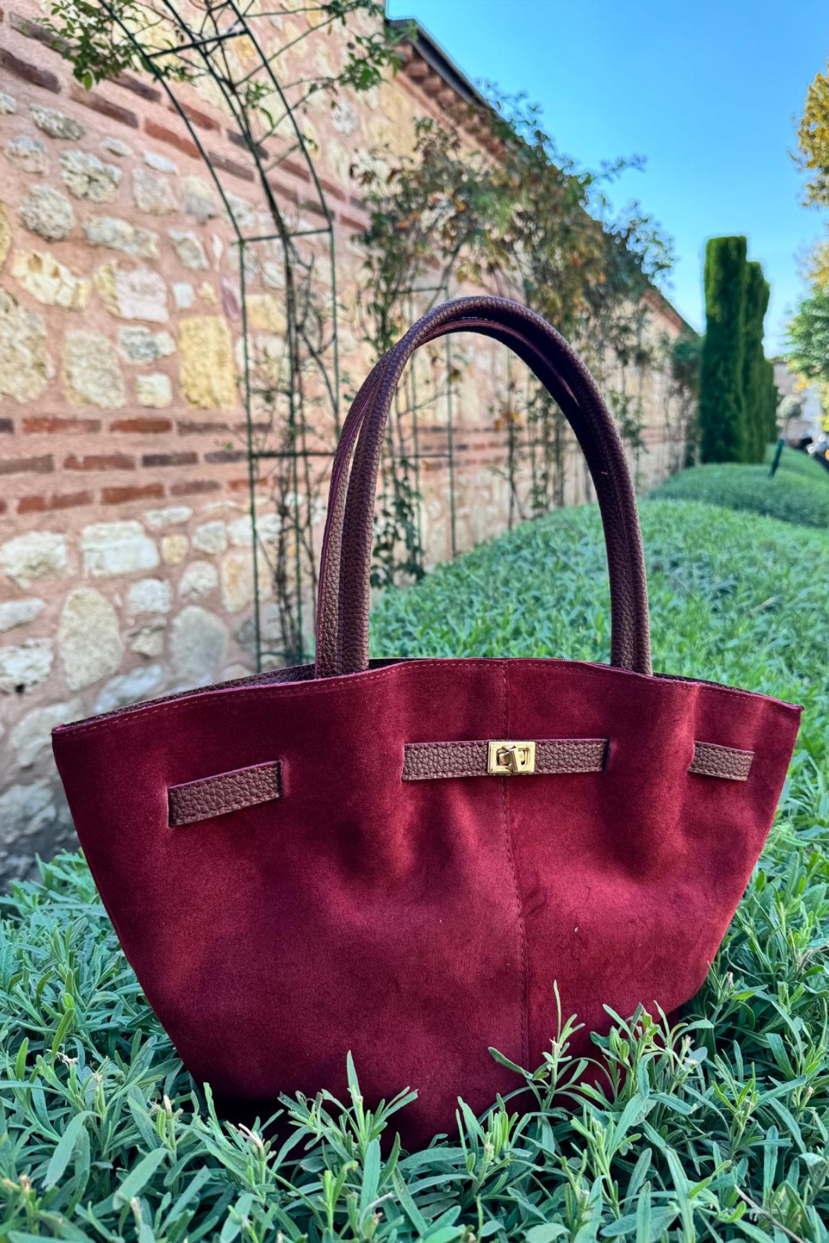 Gerçek Süet Deri Toka Detaylı Maxi Çanta Bordo