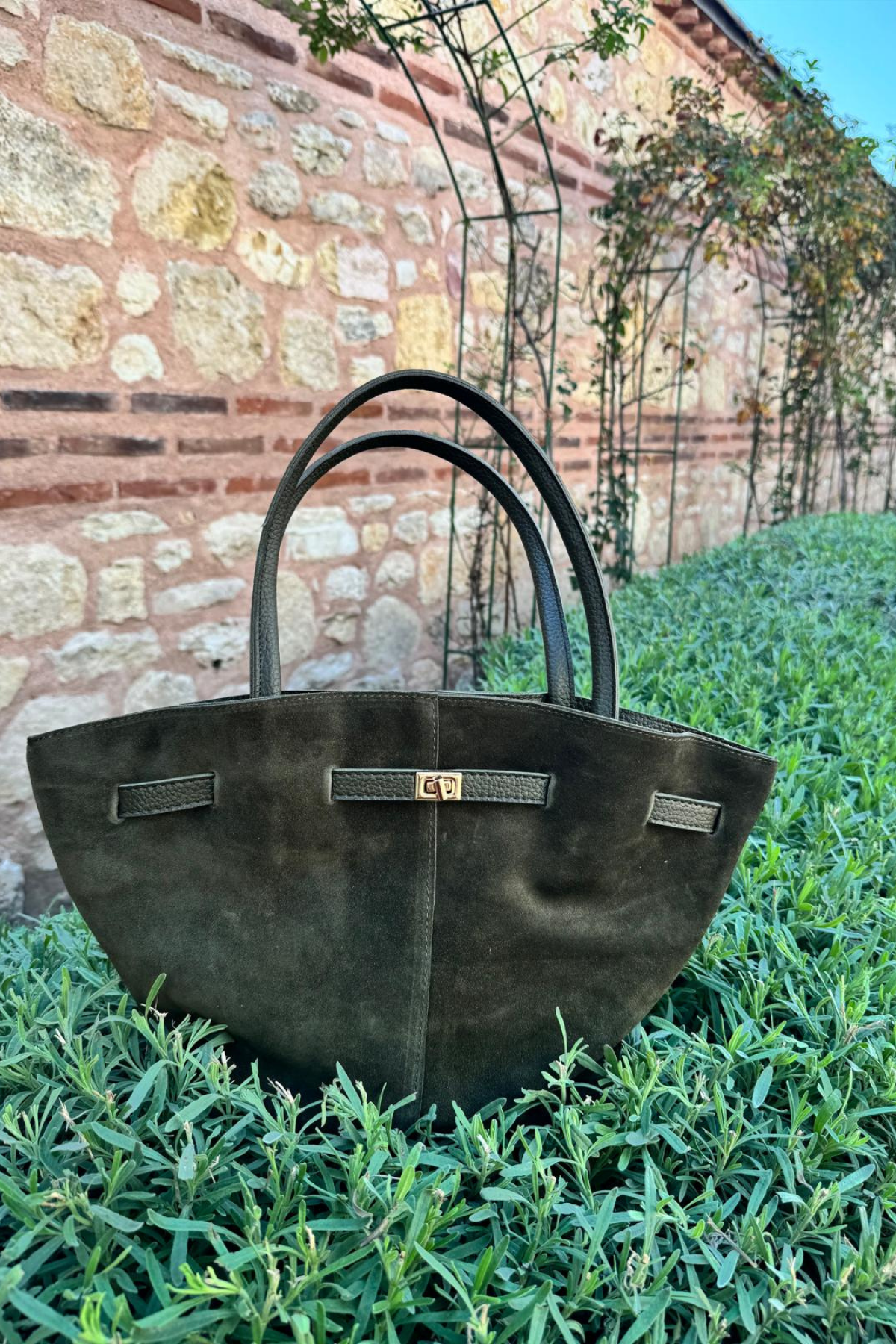 Gerçek Süet Deri Toka Detaylı Maxi Çanta Haki Yeşil