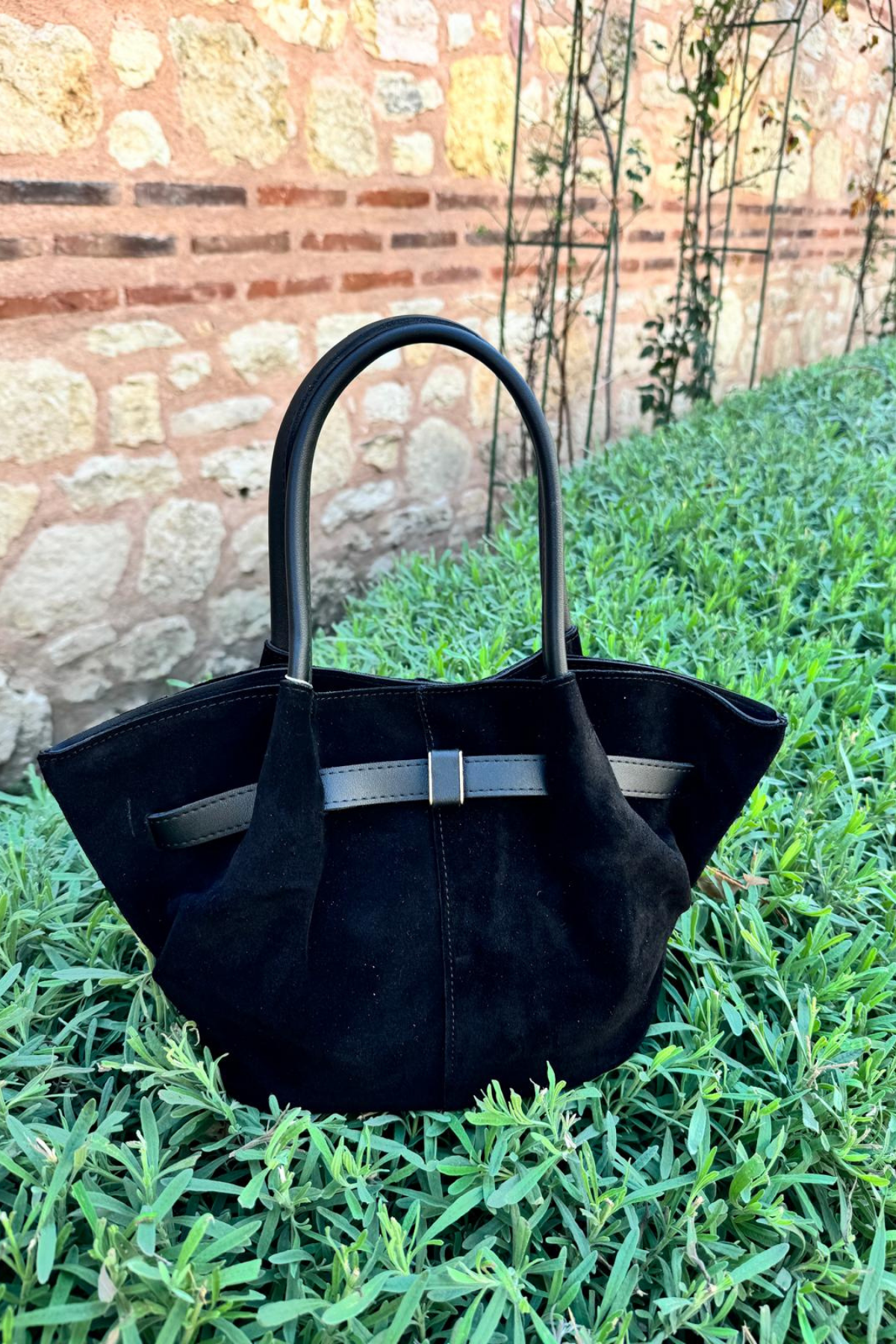 Gerçek Süet Deri Toka Detaylı Mini Çanta Siyah