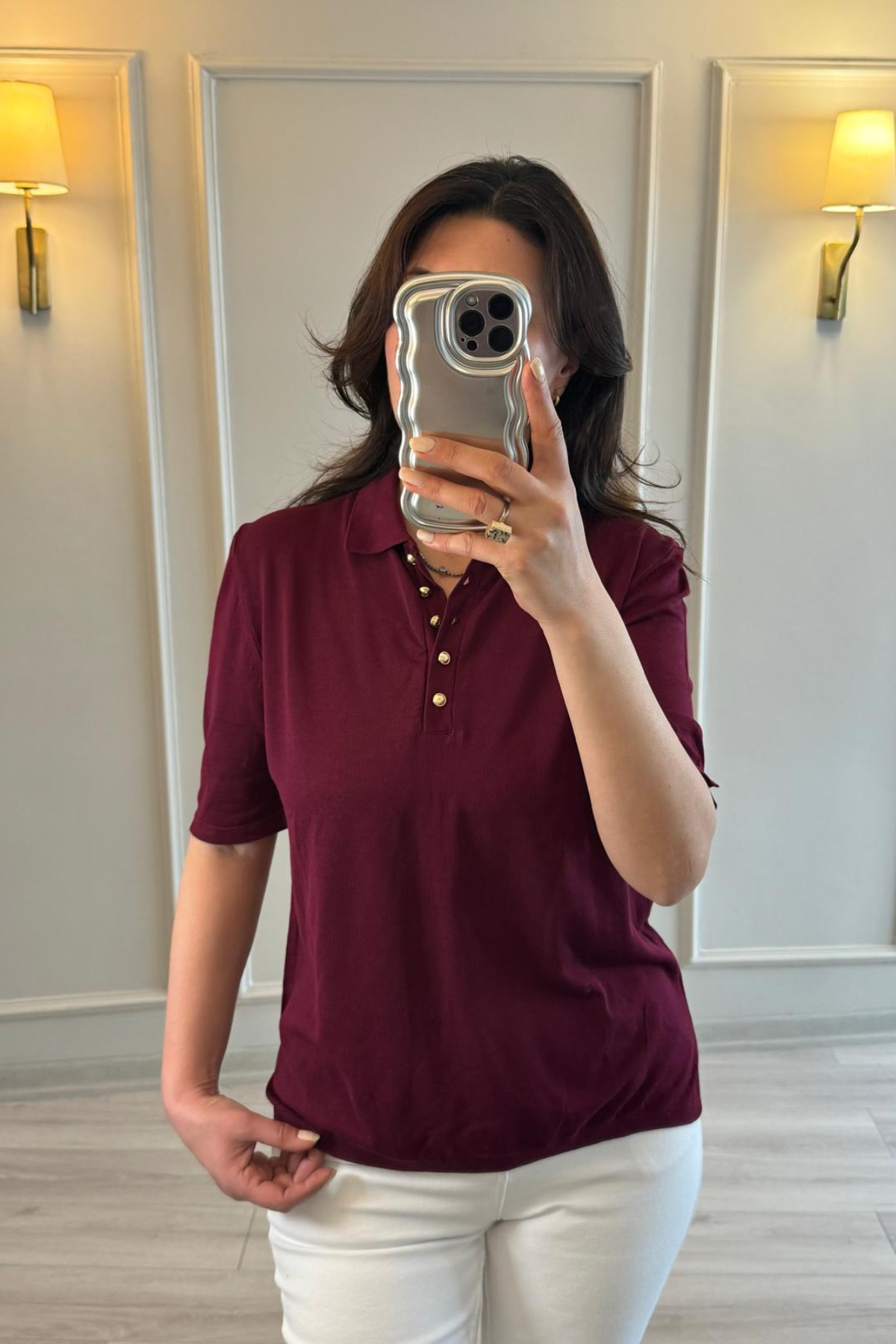 Gold Düğmeli İnce Merserize Bluz Bordo