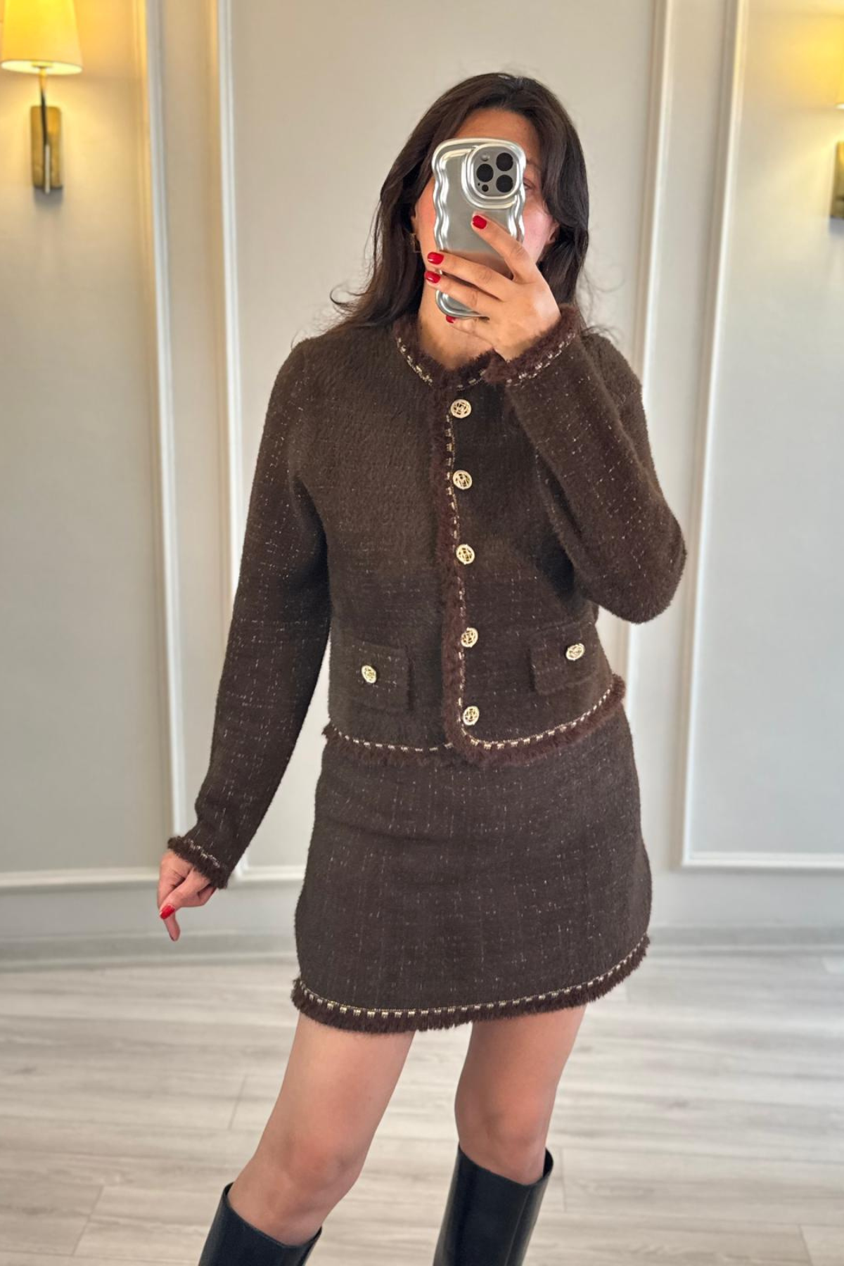 Gold Düğmeli Yünlü Ceket Etek Takım Kahve