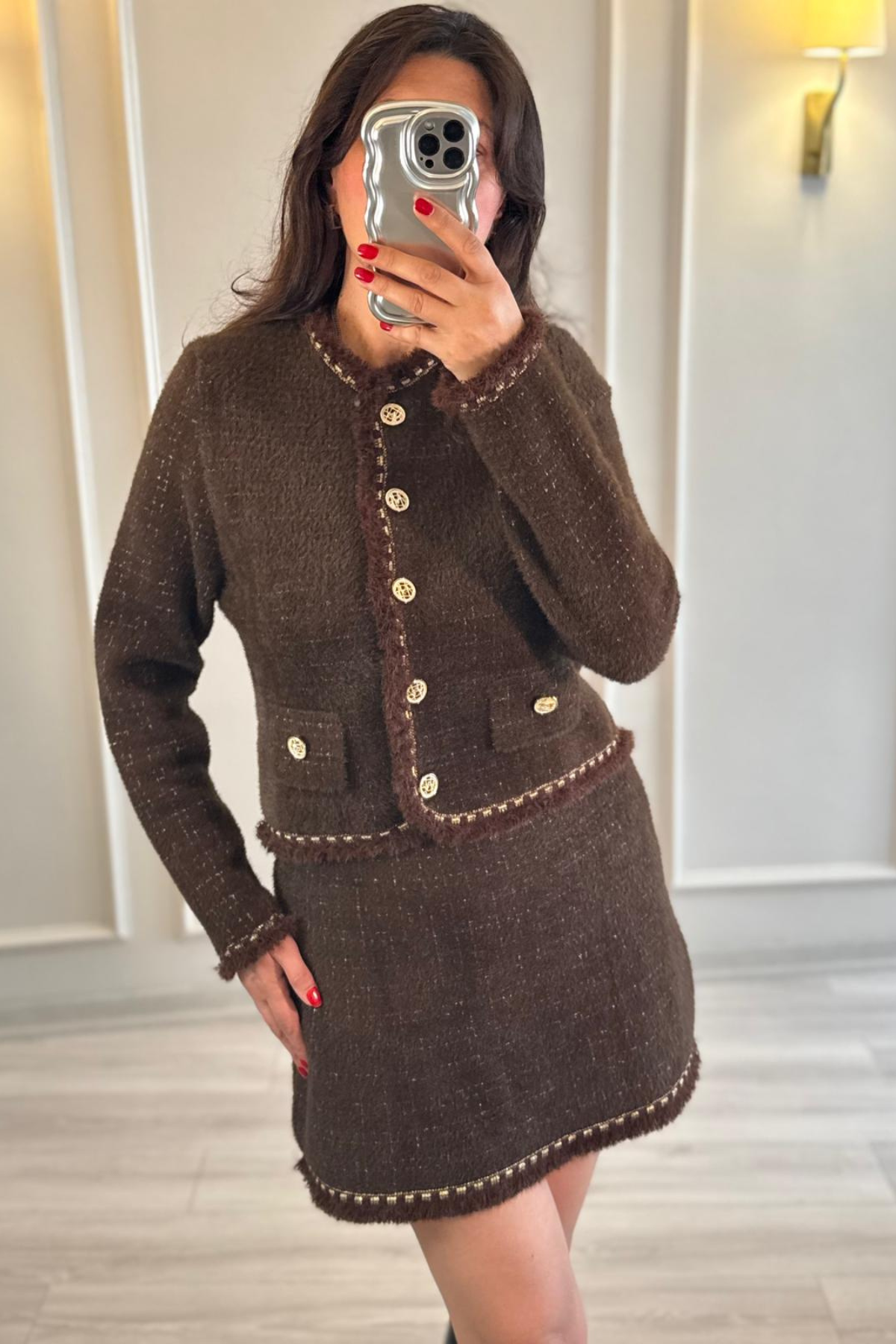 Gold Düğmeli Yünlü Ceket Etek Takım Kahve