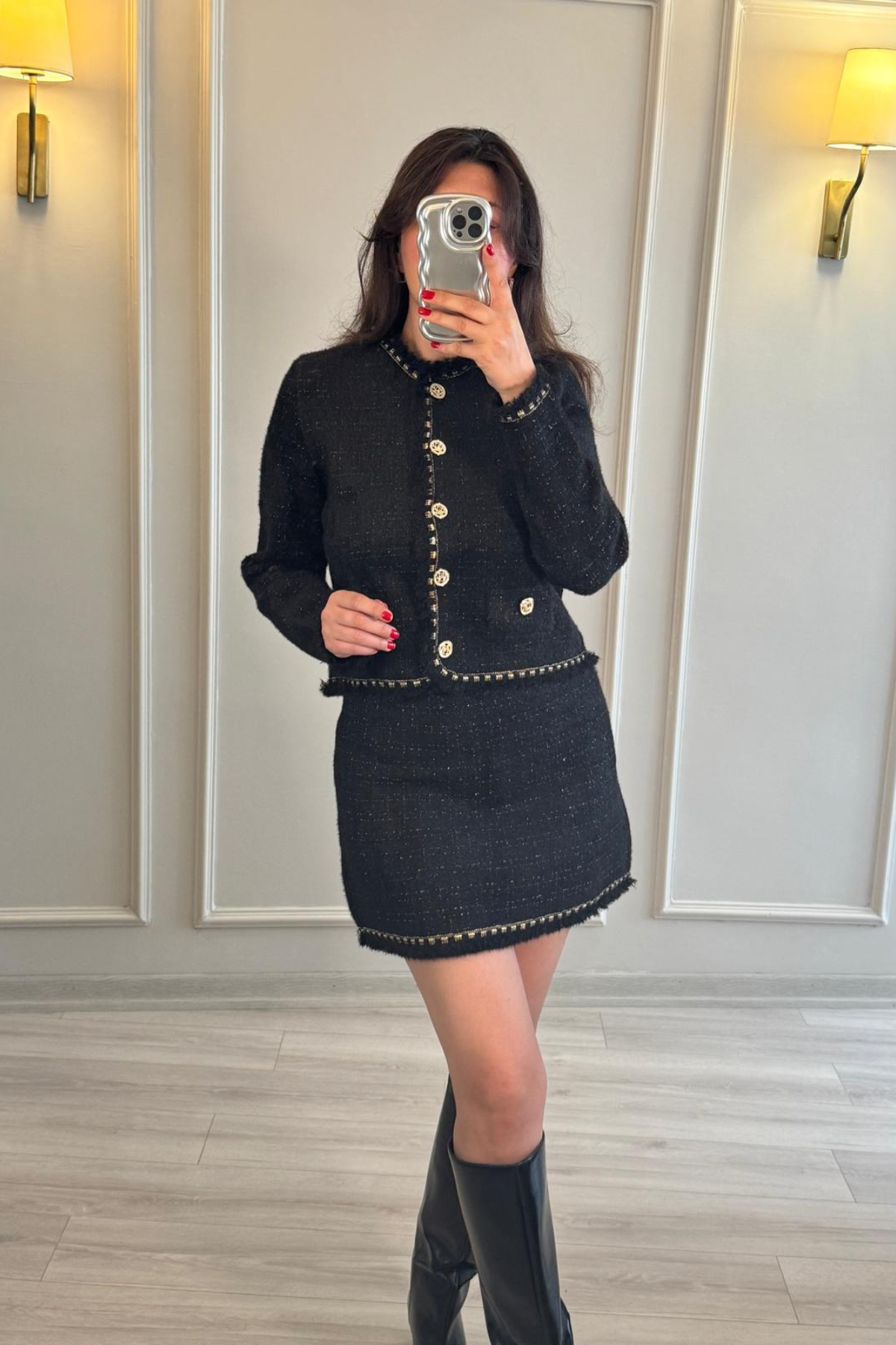 Gold Düğmeli Yünlü Ceket Etek Takım Siyah