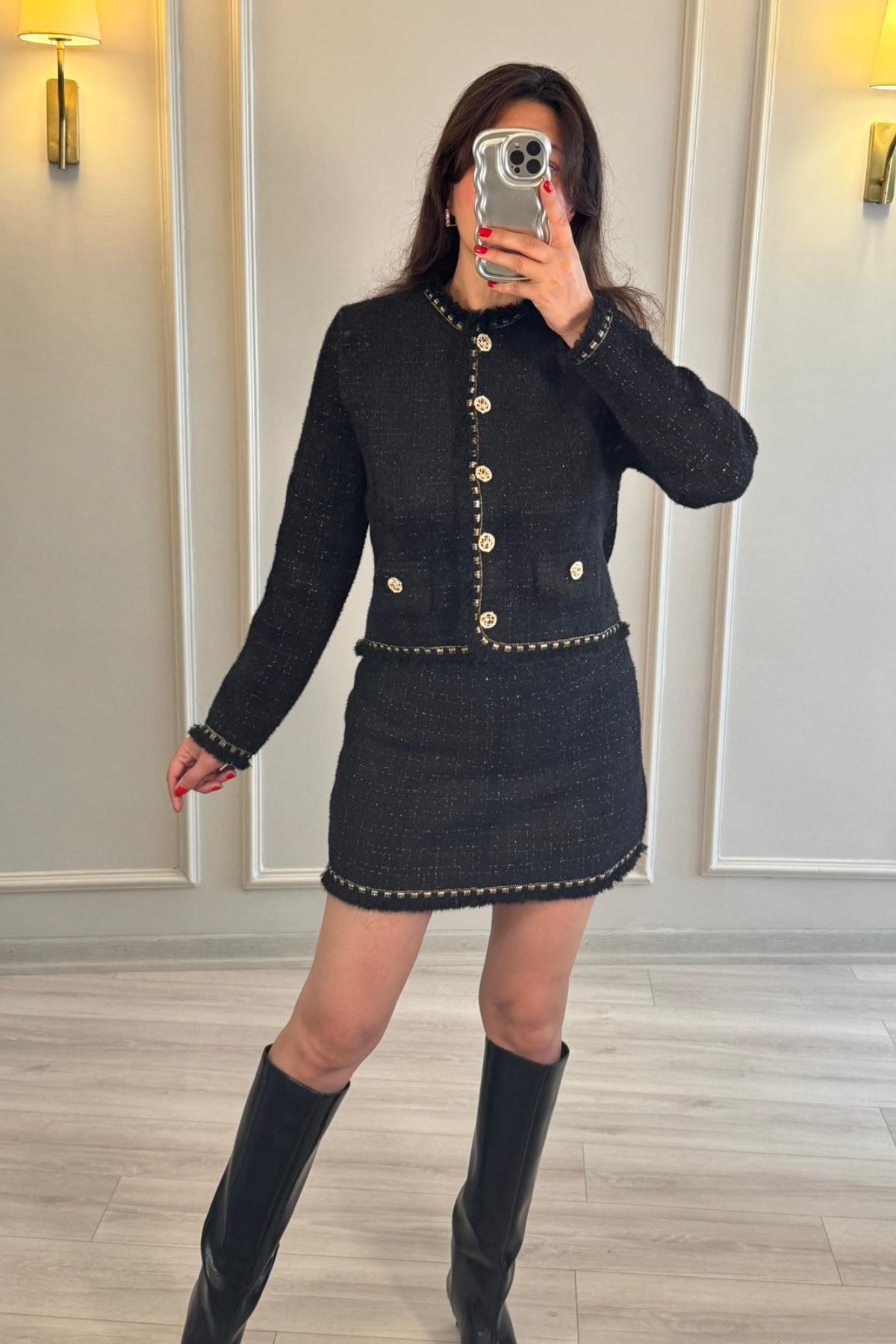 Gold Düğmeli Yünlü Ceket Etek Takım Siyah