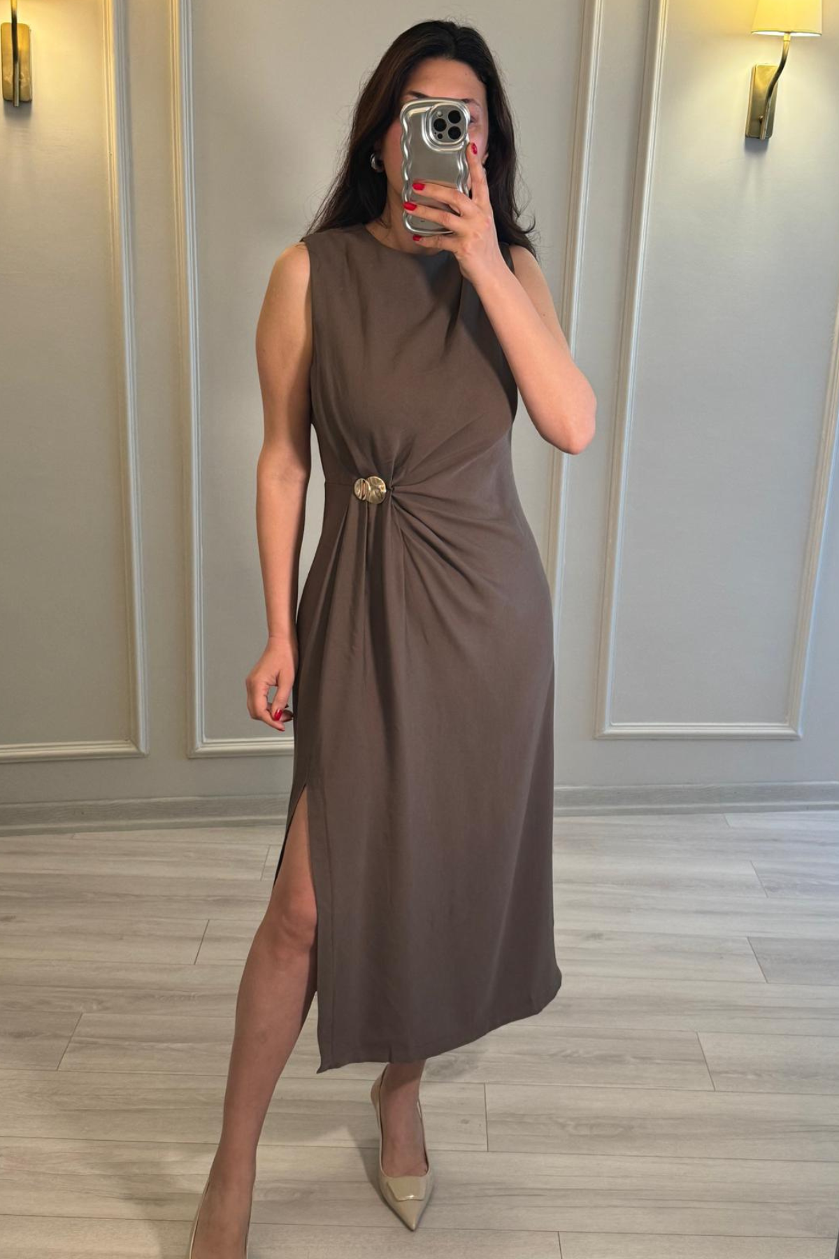 Gümüş Detaylı Maxi Boy Elbise Vizon